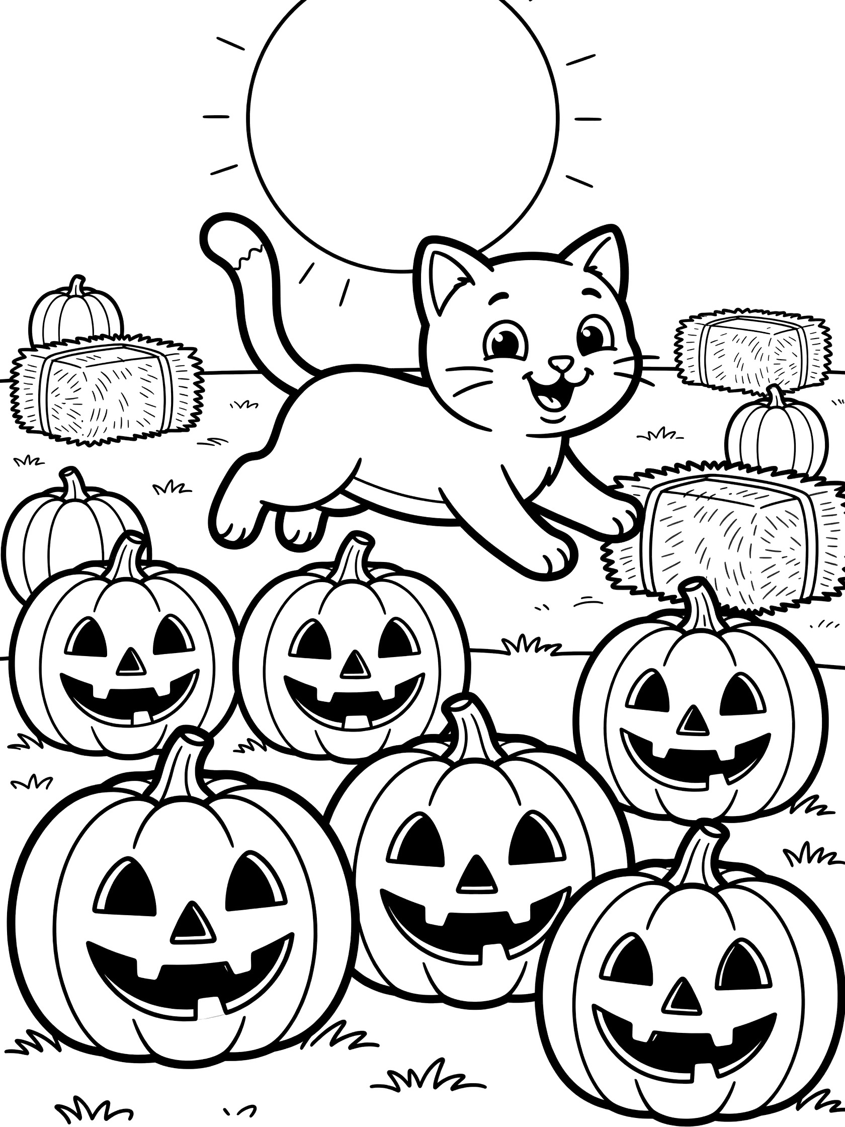 Black and white line art of a happy cartoon cat jumping over jack-o-lantern pumpkins and hay bales in a pumpkin patch coloring page