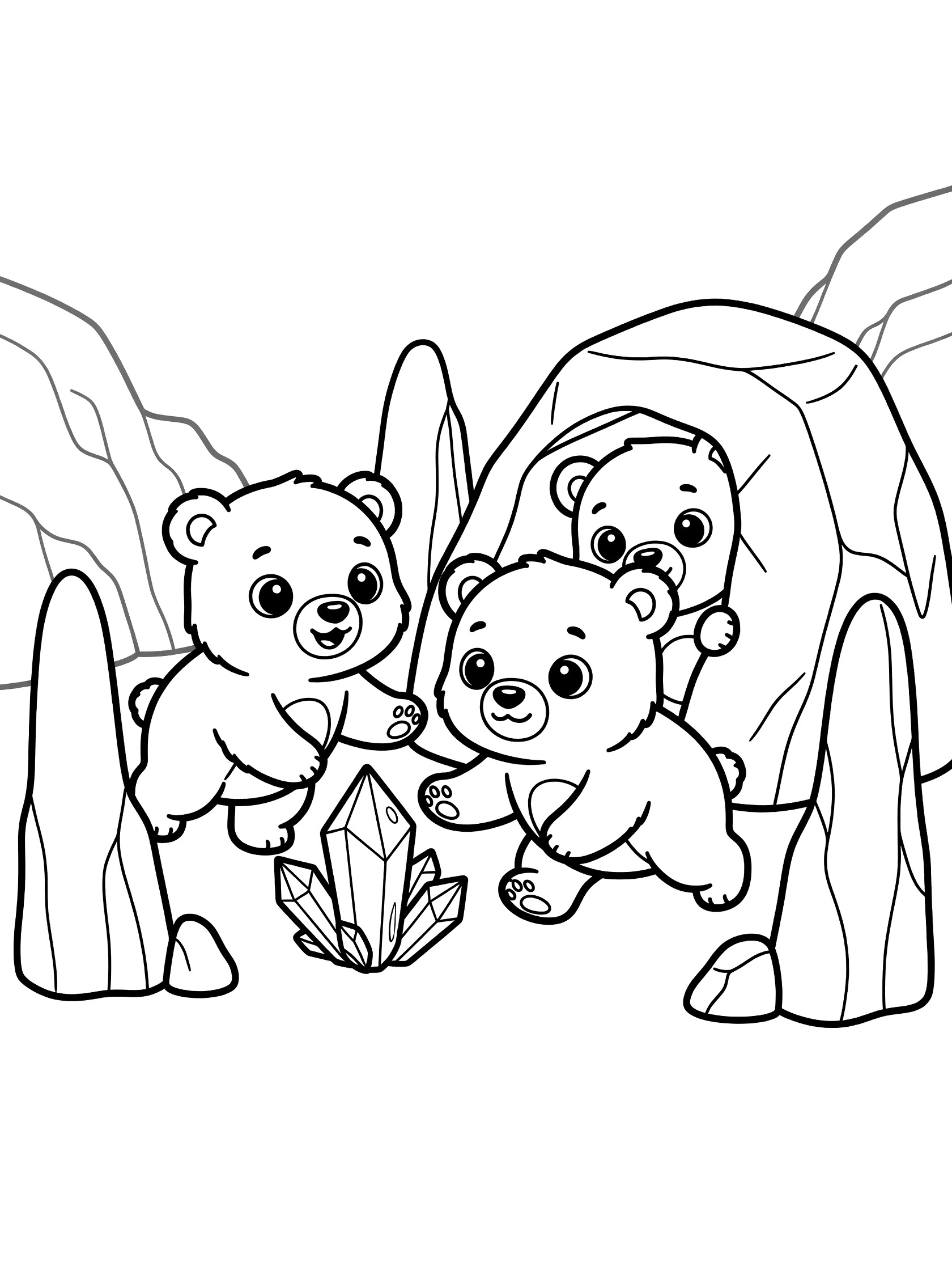 Kawaii line art coloring page showing two playful cave bear cubs exploring a prehistoric cave with stalagmites, rocks, and a crystal on the floor.