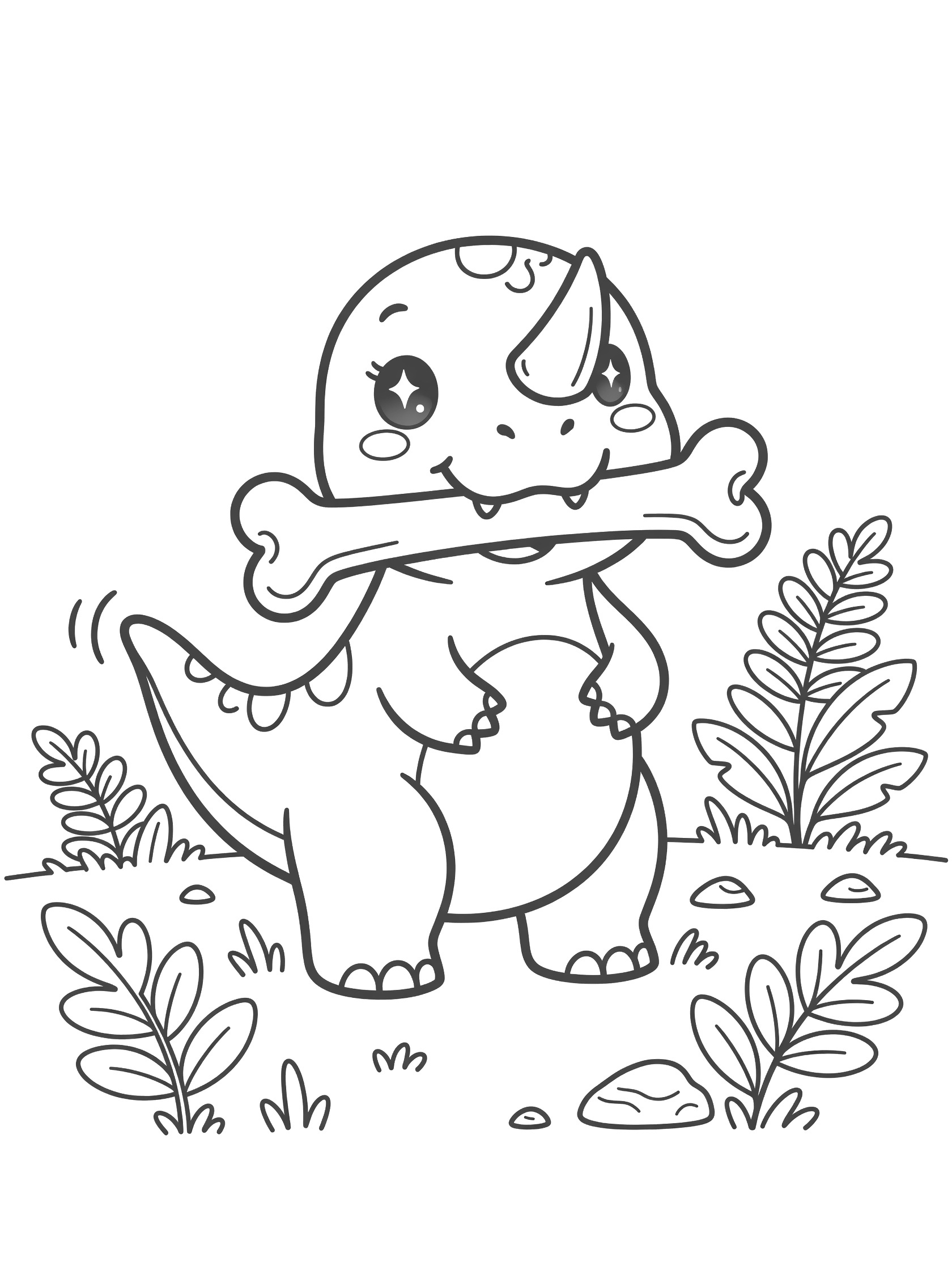 Cute kawaii Ceratosaurus dinosaur playfully biting a large cartoon bone, with sparkling eyes, rosy cheeks, horn, chubby body, in a simple meadow with ferns and rocks. Line art coloring page.