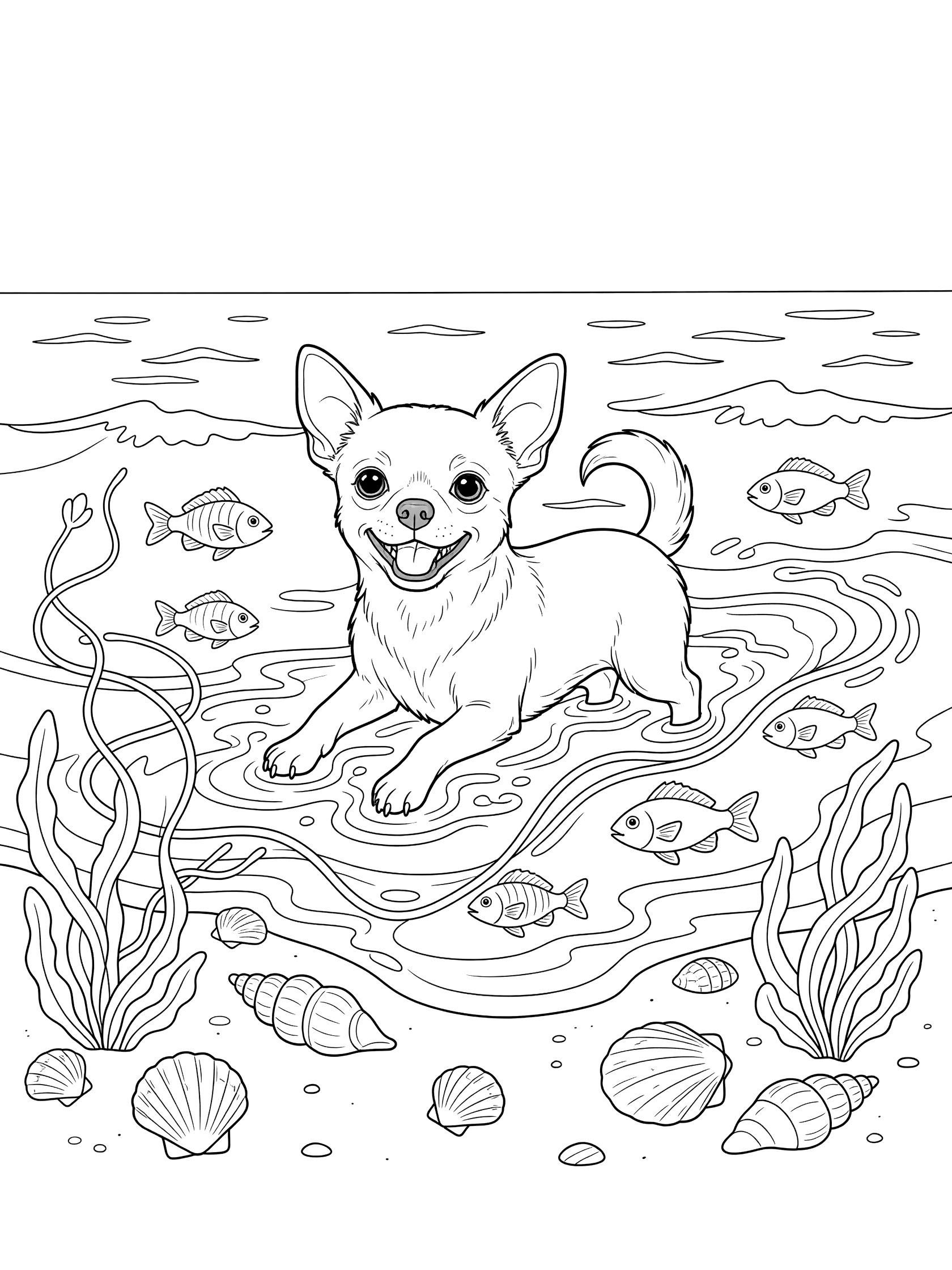 Black and white line art coloring page showing a small Chihuahua dog splashing in shallow waves surrounded by fish, seashells, seaweed and water lines.