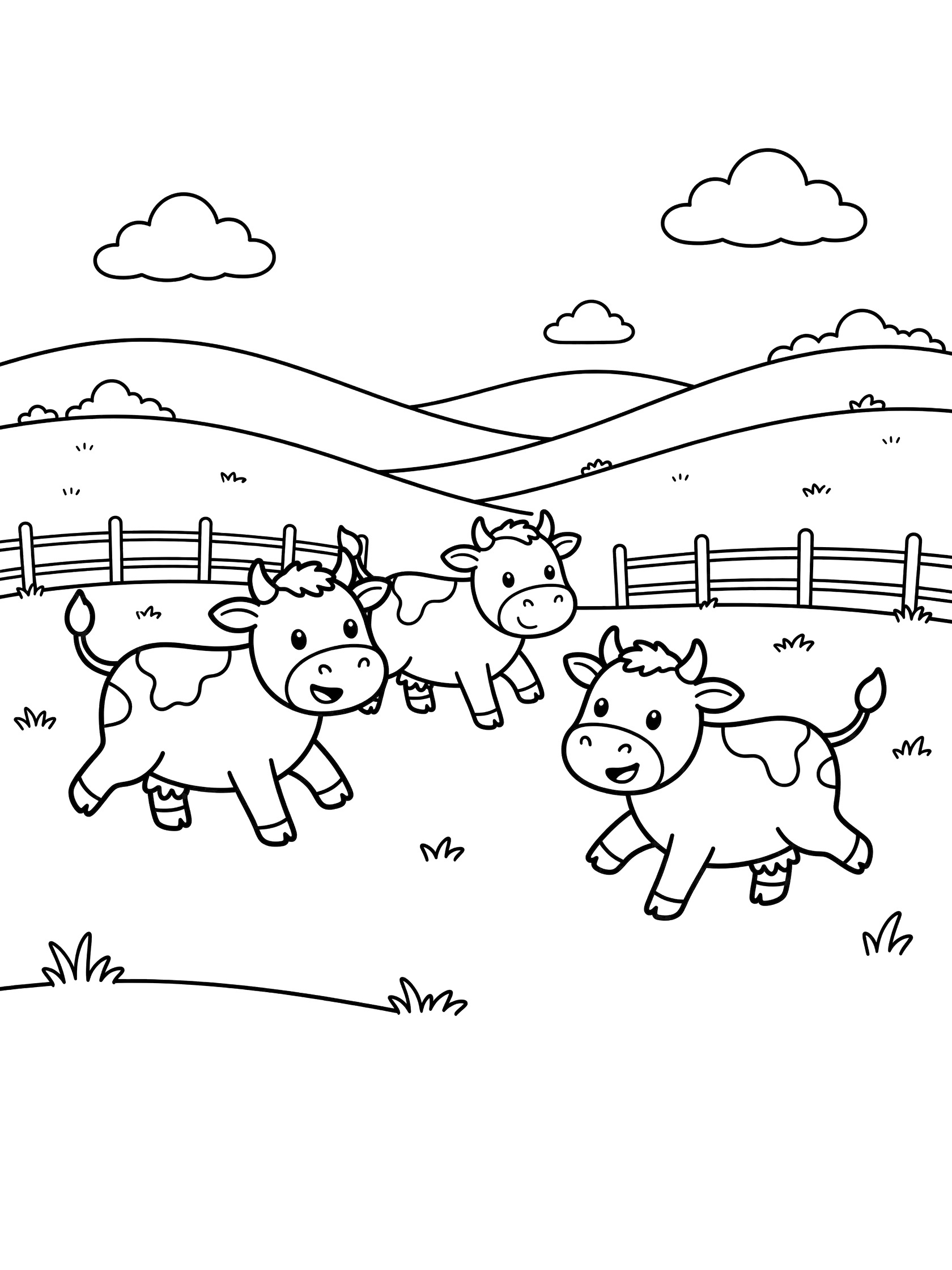 Black and white line art coloring page showing three cartoon cows playfully running and jumping in a pasture with rolling hills, simple fence, grass, and puffy clouds.