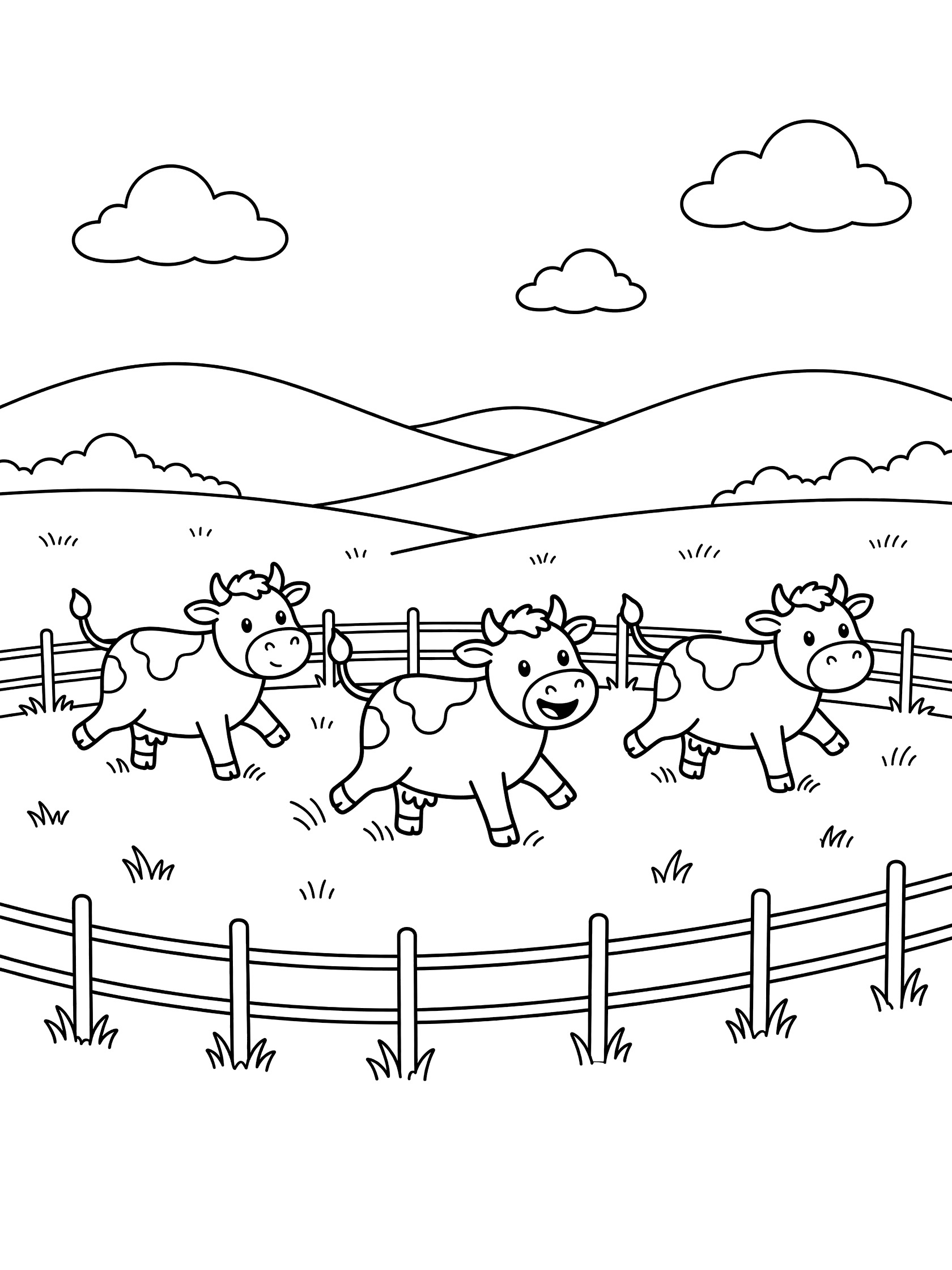 Black and white line art coloring page showing three cartoon cows running playfully across a grassy pasture with rolling hills, wooden fence, and fluffy clouds.