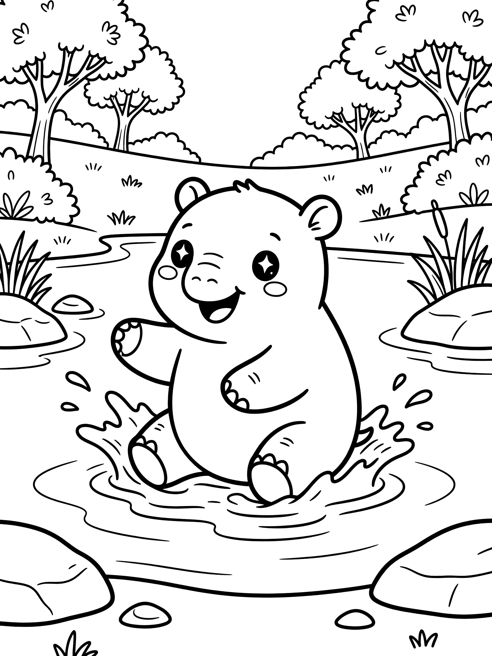 Cute Diprotodon coloring page showing a happy chubby Diprotodon with big eyes splashing water with front paws raised near rocks, reeds, bushy trees, and grassy banks