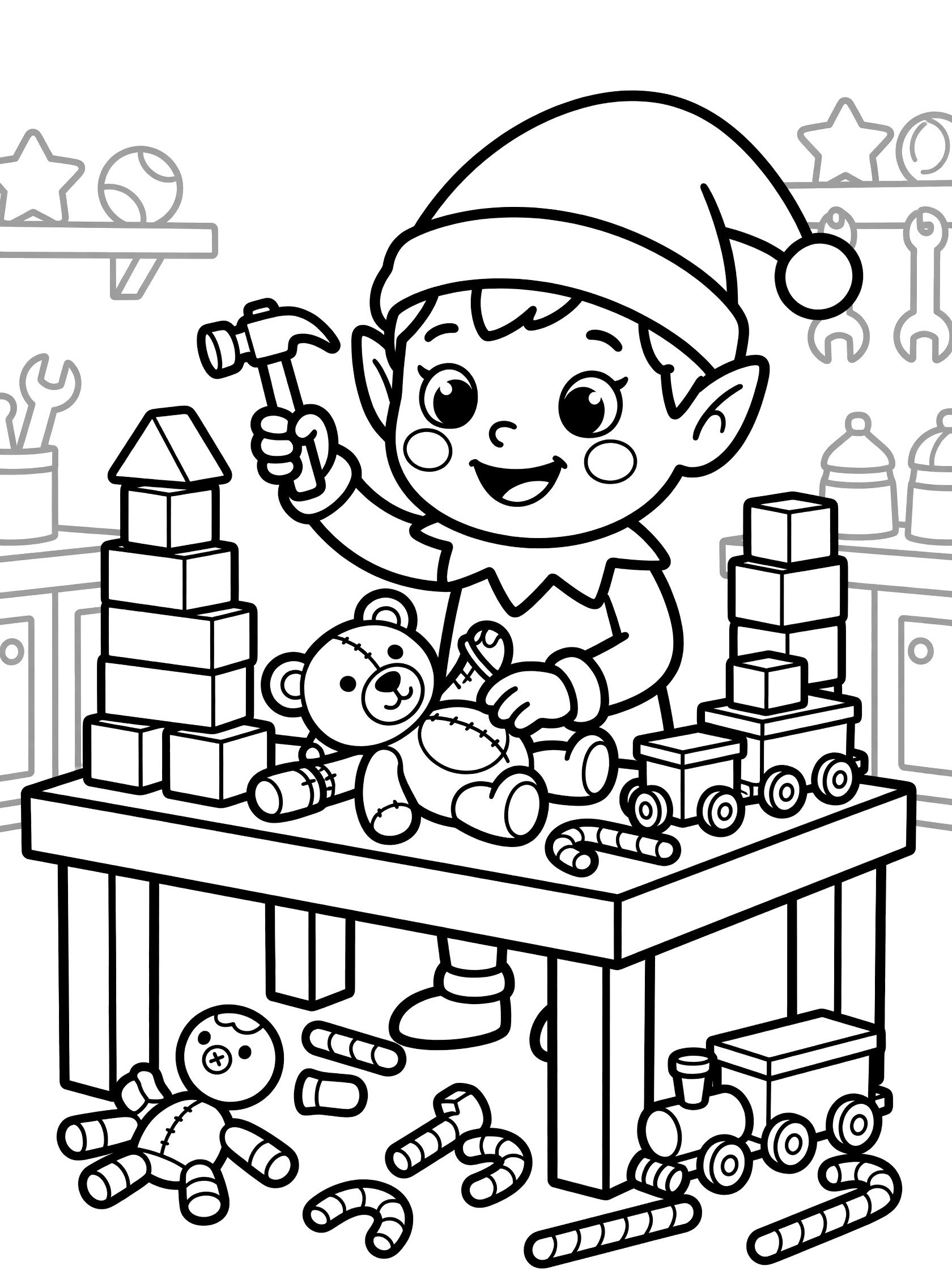 Cute cartoon elf with pointy hat smiling while building a tower of blocks and gluing a teddy bear's arm at a wooden workbench surrounded by toy trains and candy canes.