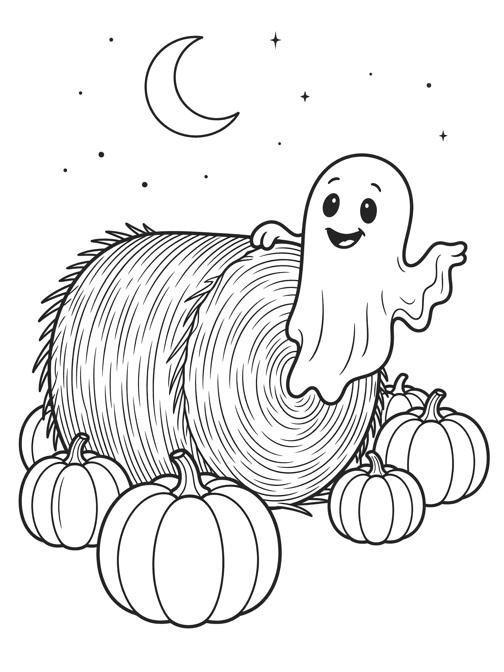 Black-and-white coloring page of a happy ghost waving from behind a large hay bale, surrounded by pumpkins under a crescent moon and stars.