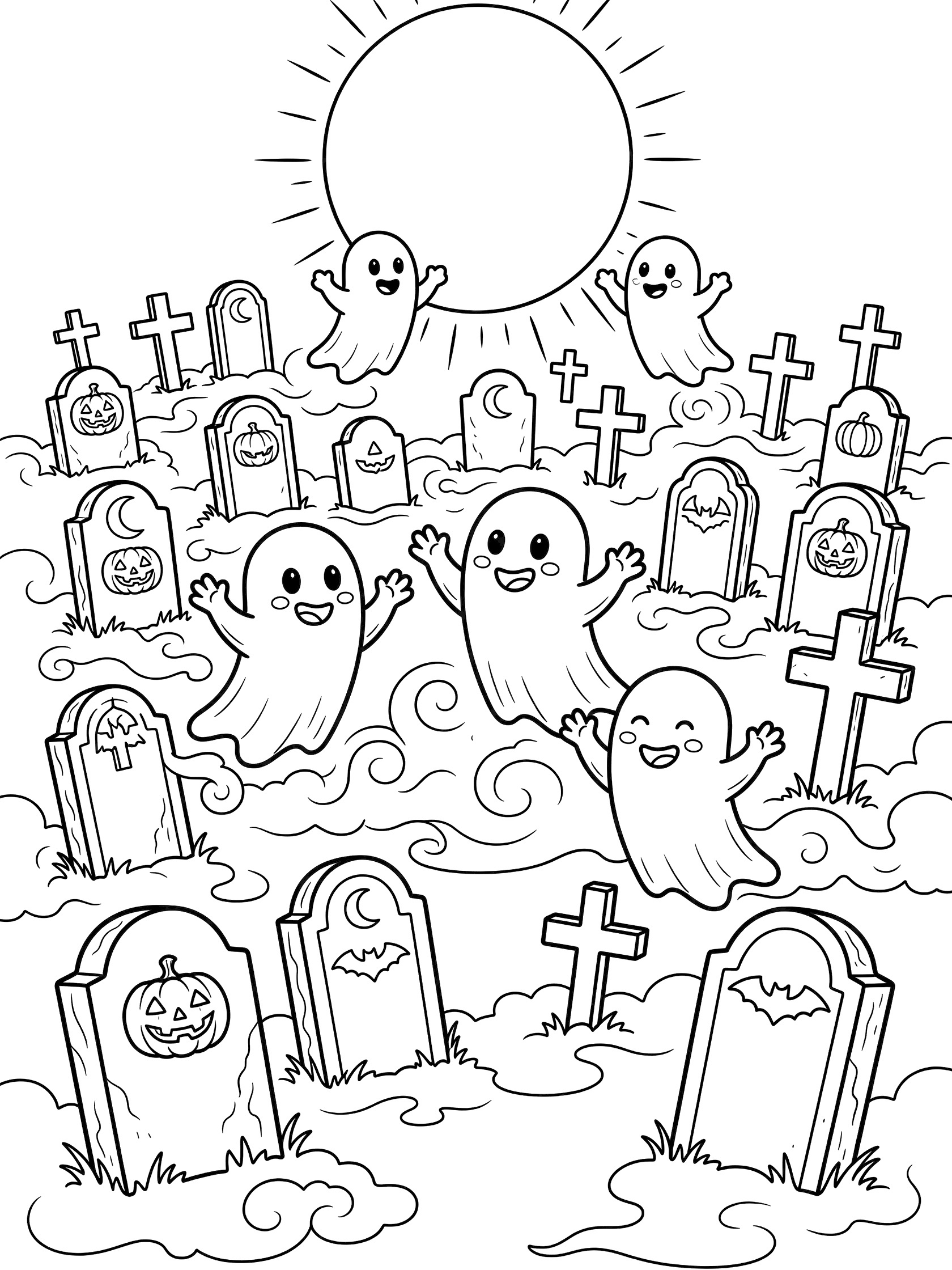 Printable coloring page showing playful ghosts with happy faces floating around a radiant full moon in a foggy graveyard with tombstones on Halloween night