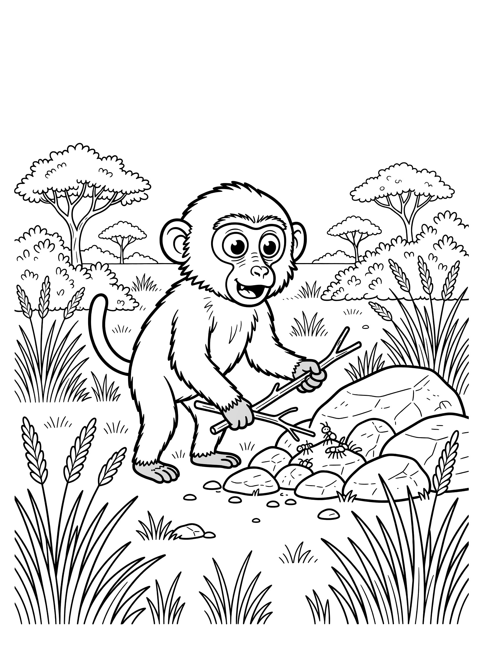 Black and white line art coloring page showing a monkey with big eyes holding two sticks near rocks, tall grass, bushes, trees, and a small bug on the ground. Baboon themed black and white printable line art