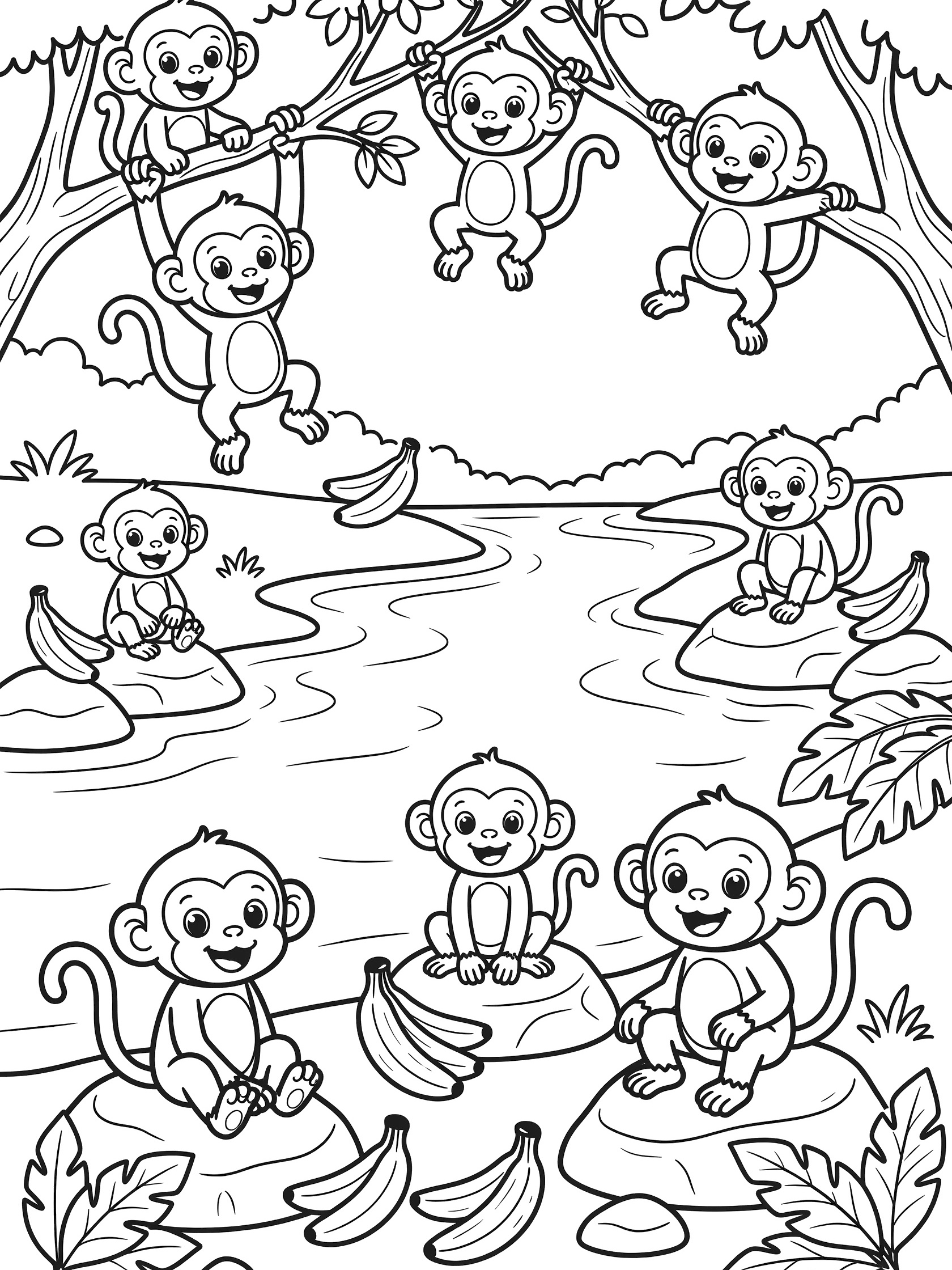 Cartoon line art coloring page showing happy monkeys hanging from tree branches, playing on rocks near a winding river, with bananas and big leaves in a jungle setting. Congo River themed black and white printable line art