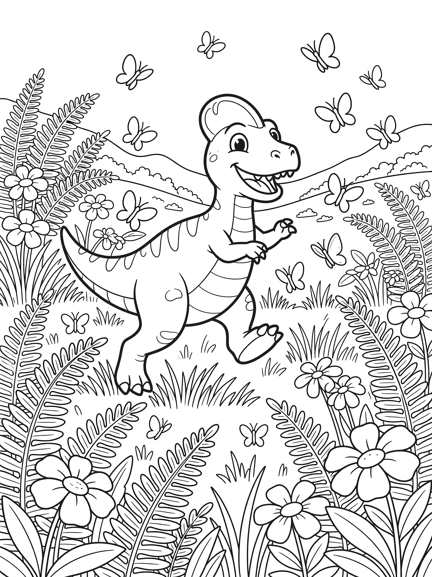 Cute cartoon Monolophosaurus with crest and big smile chasing swirling butterflies amid ferns, flowers, and hills in a printable coloring page