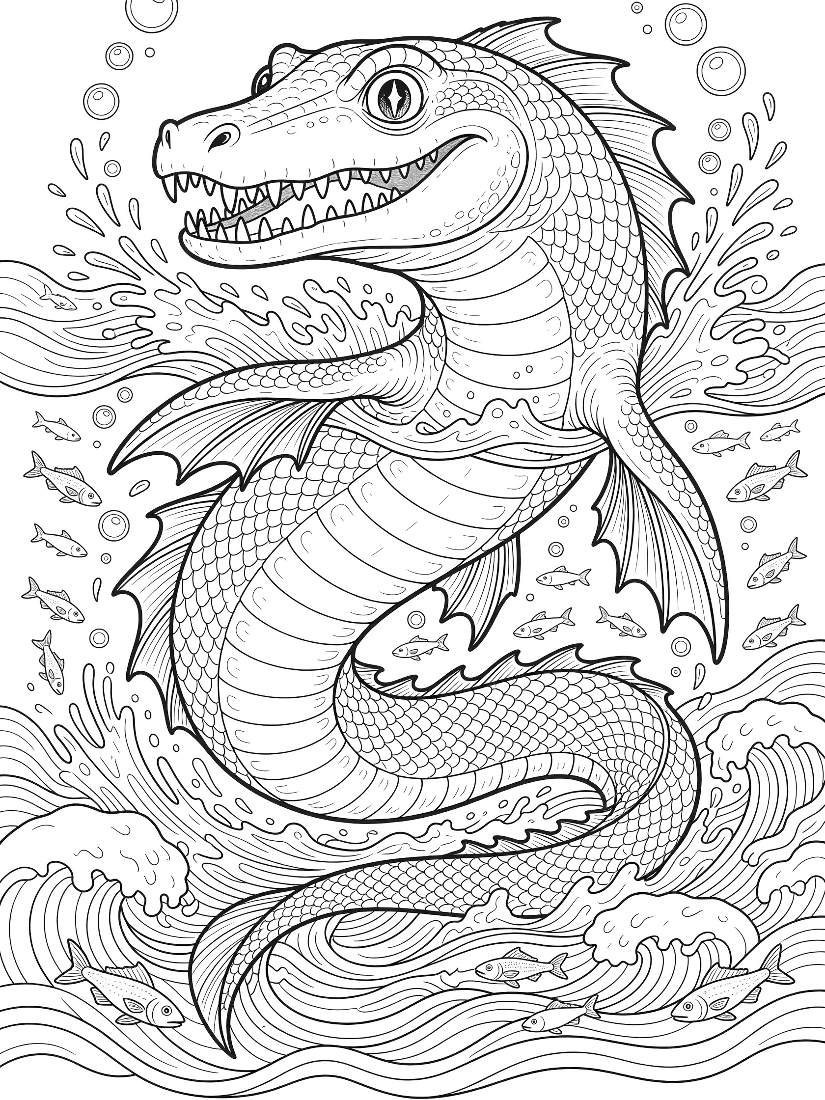 Playful Mosasaurus coloring page showing the extinct sea reptile surfacing with a big grin, flippers splashing waves, bubbles, and fish around its serpentine body.
