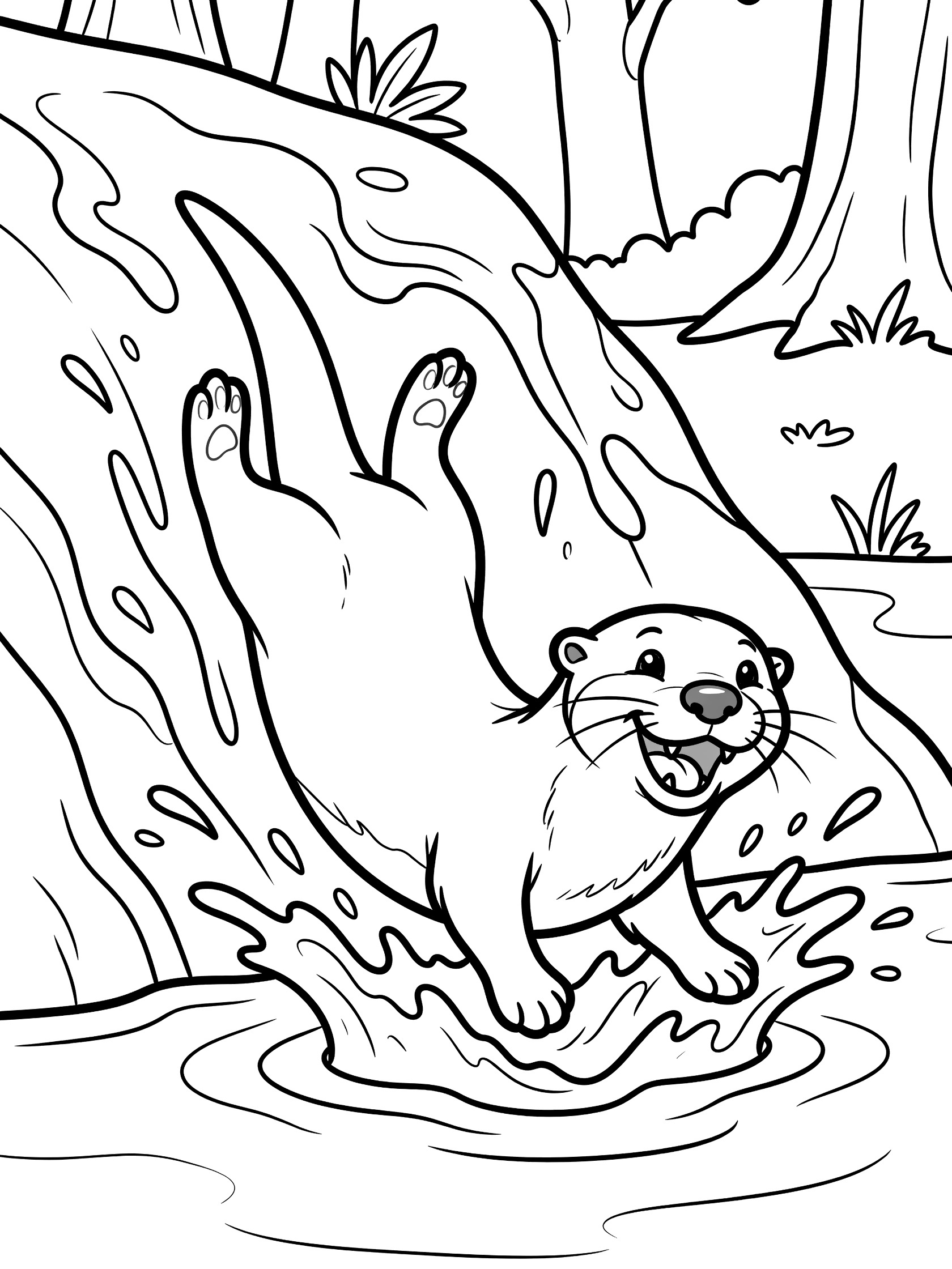 Black and white line art coloring page showing a grinning otter tumbling down a bank into a forest pond with water splashes, trees, grass, and rocks.