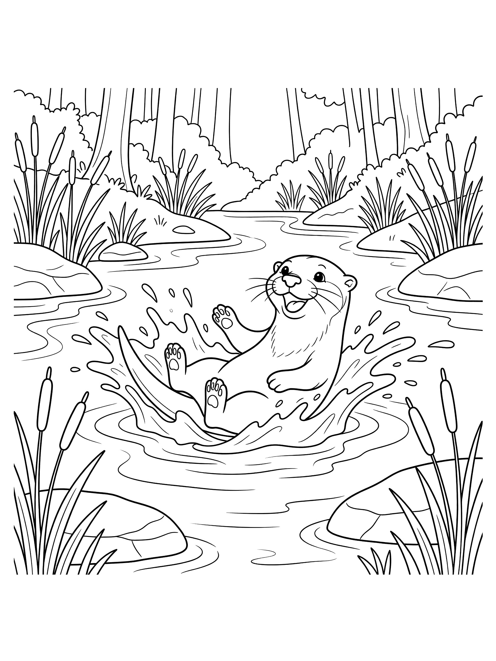 Black and white line art coloring page showing a playful otter on its back kicking up water splashes in a river surrounded by reeds and rocks