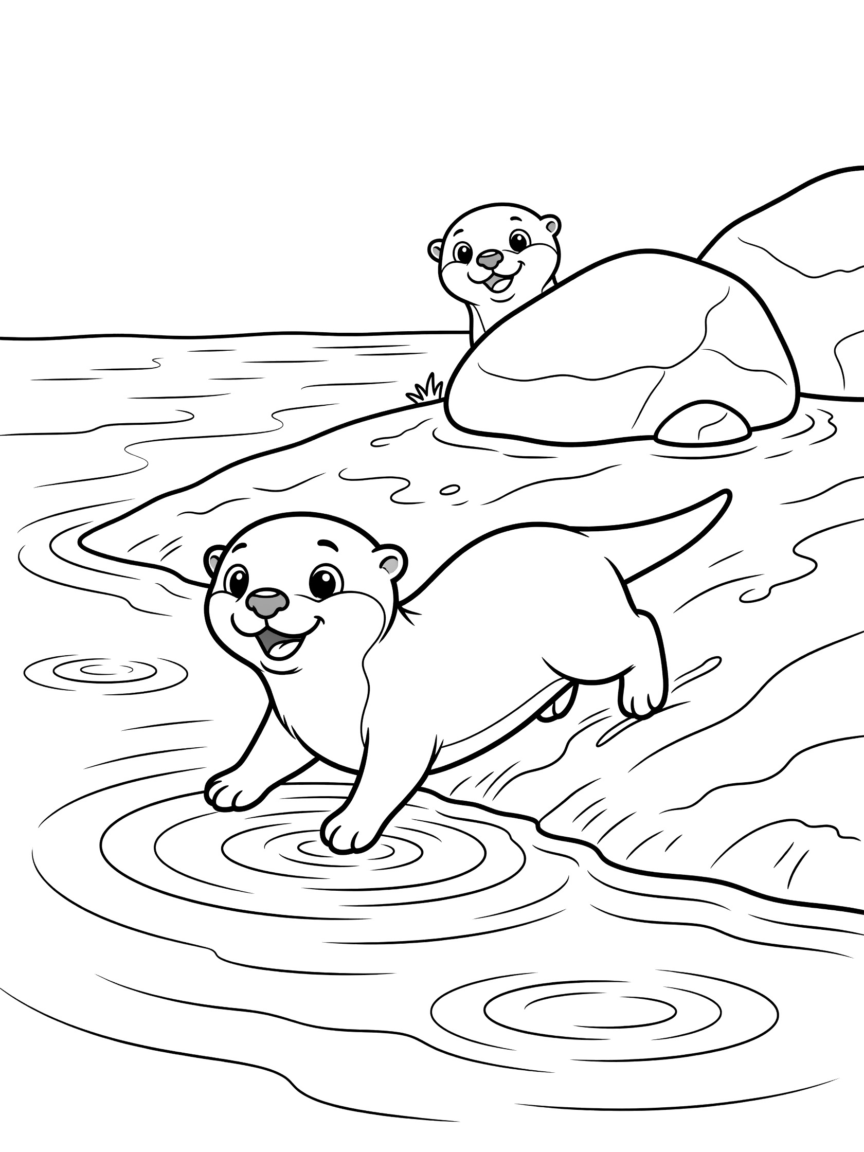 Cute cartoon otters coloring page: one otter sliding down bank into water with ripples, another peeking from rock, line art for kids. Rio Grande themed black and white printable line art