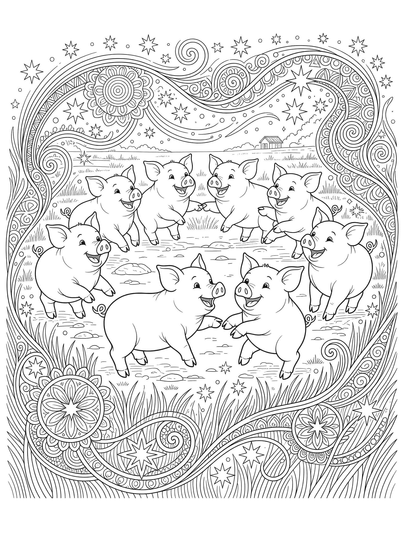 Black and white line art coloring page showing eight happy piglets holding hooves in a joyful circle dance with swirling grass patterns and stars around them. Pigs themed black and white printable line art