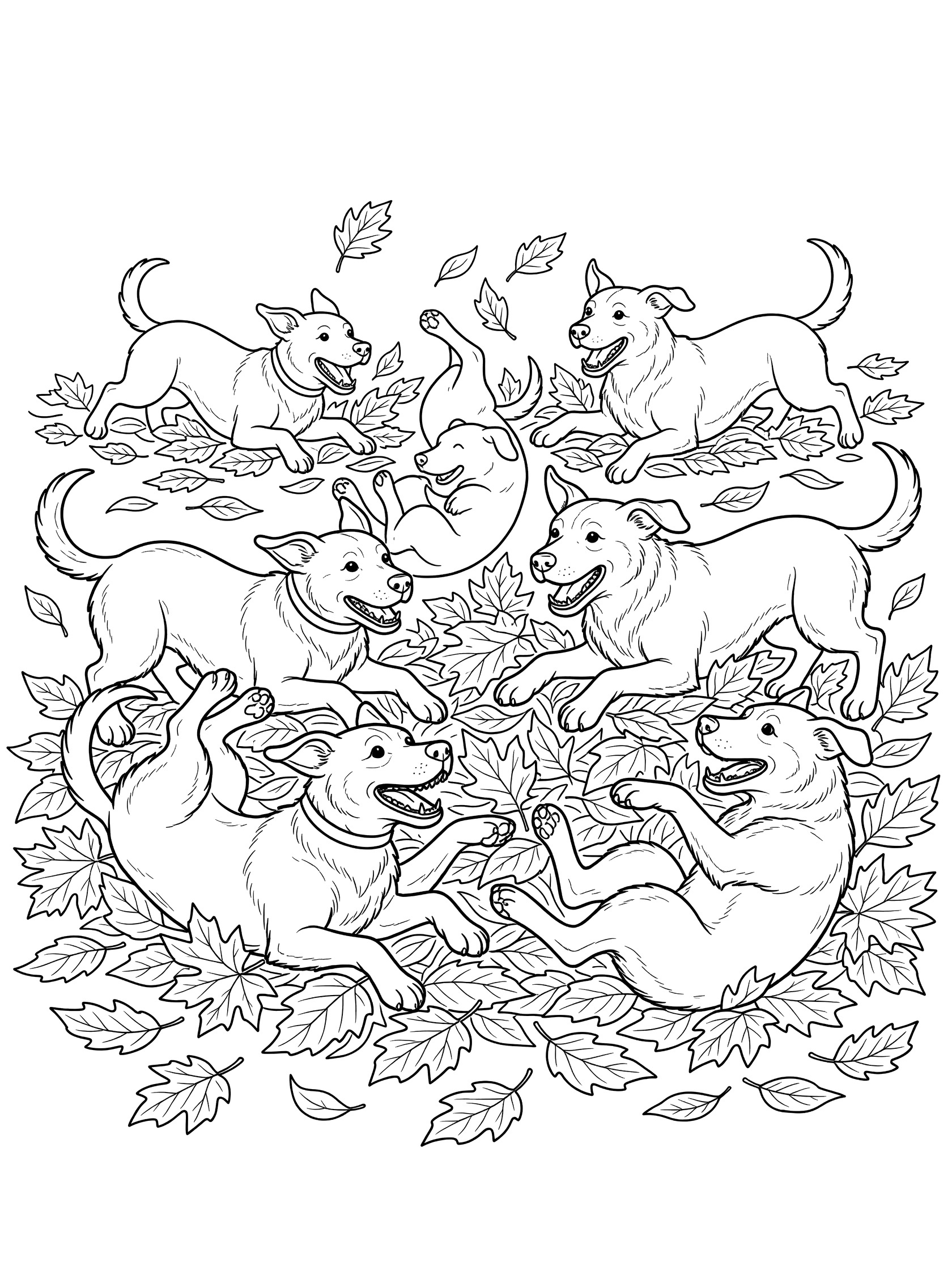 Black and white line art coloring page showing six playful puppies tumbling and jumping in scattered autumn leaves on the ground. Mutts themed black and white printable line art