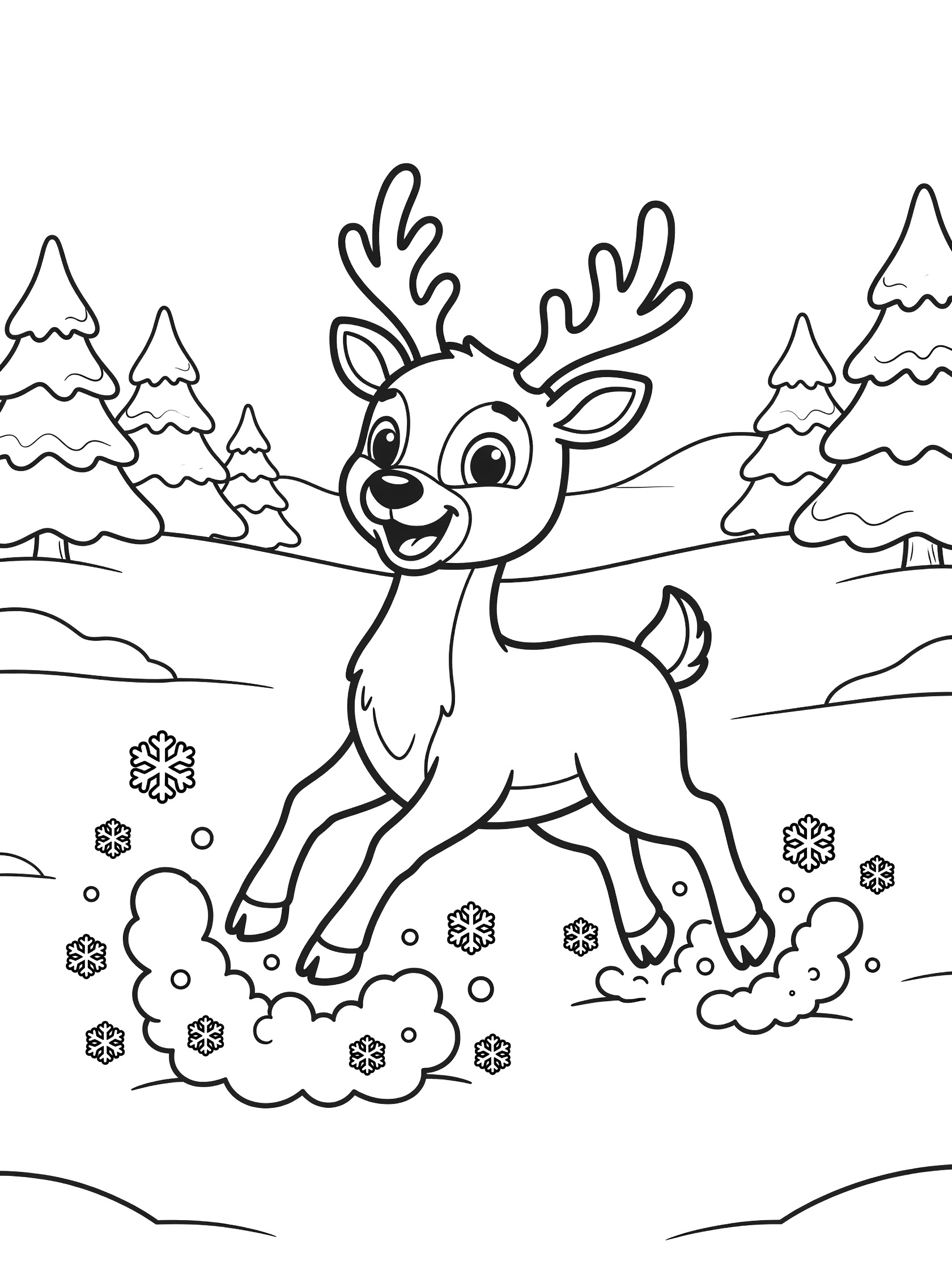 Cute reindeer playfully jumping in snow with big eyes and antlers, surrounded by snowflakes, pine trees and hills, line art coloring page