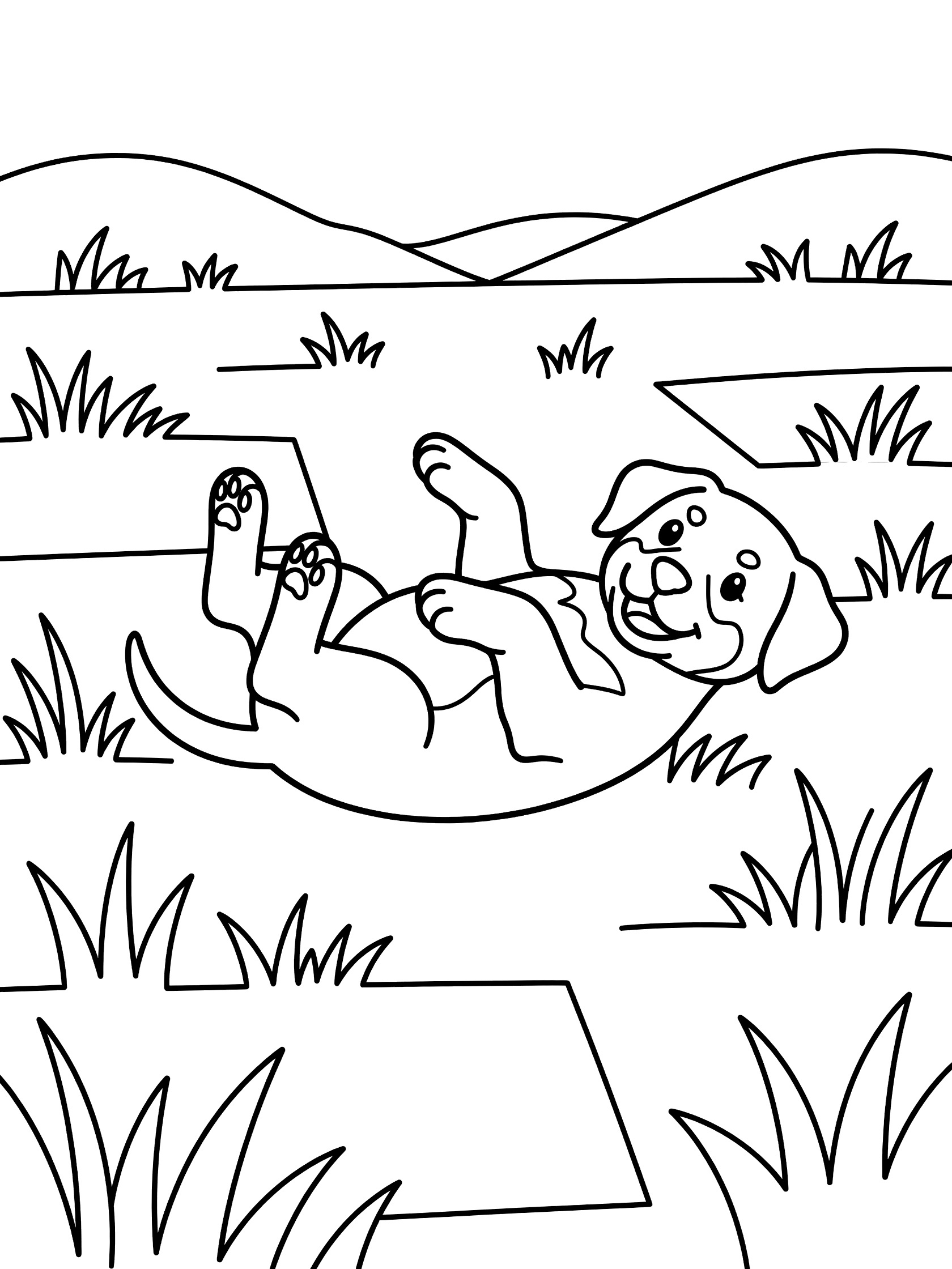 Black and white printable coloring page showing a joyful Rottweiler puppy rolling playfully on its back amid simple grass blades and distant hills.