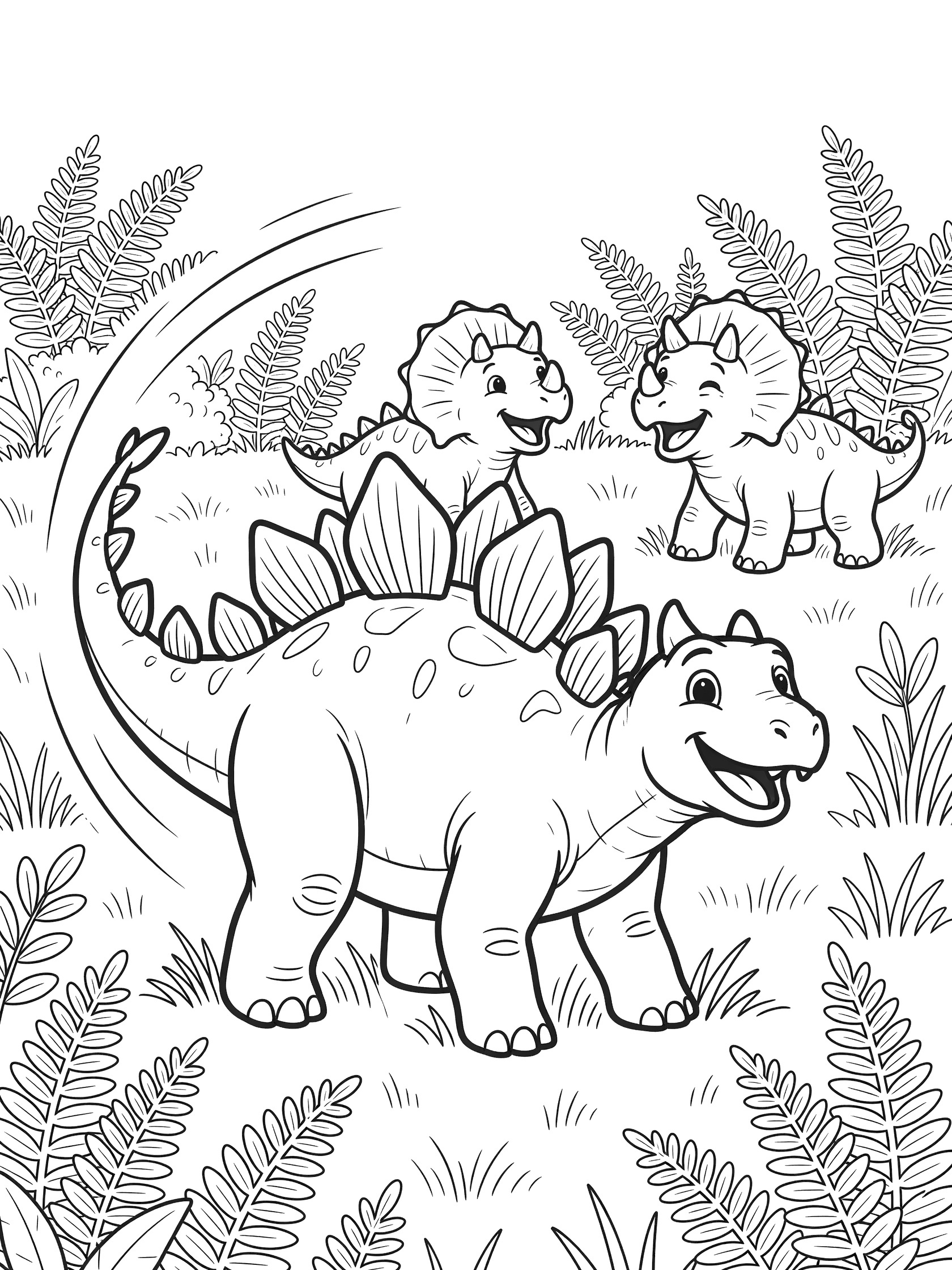 Cute Stegosaurus grinning and swinging its tail playfully near friendly baby Triceratops in a prehistoric meadow with ferns, dinosaur coloring page line art