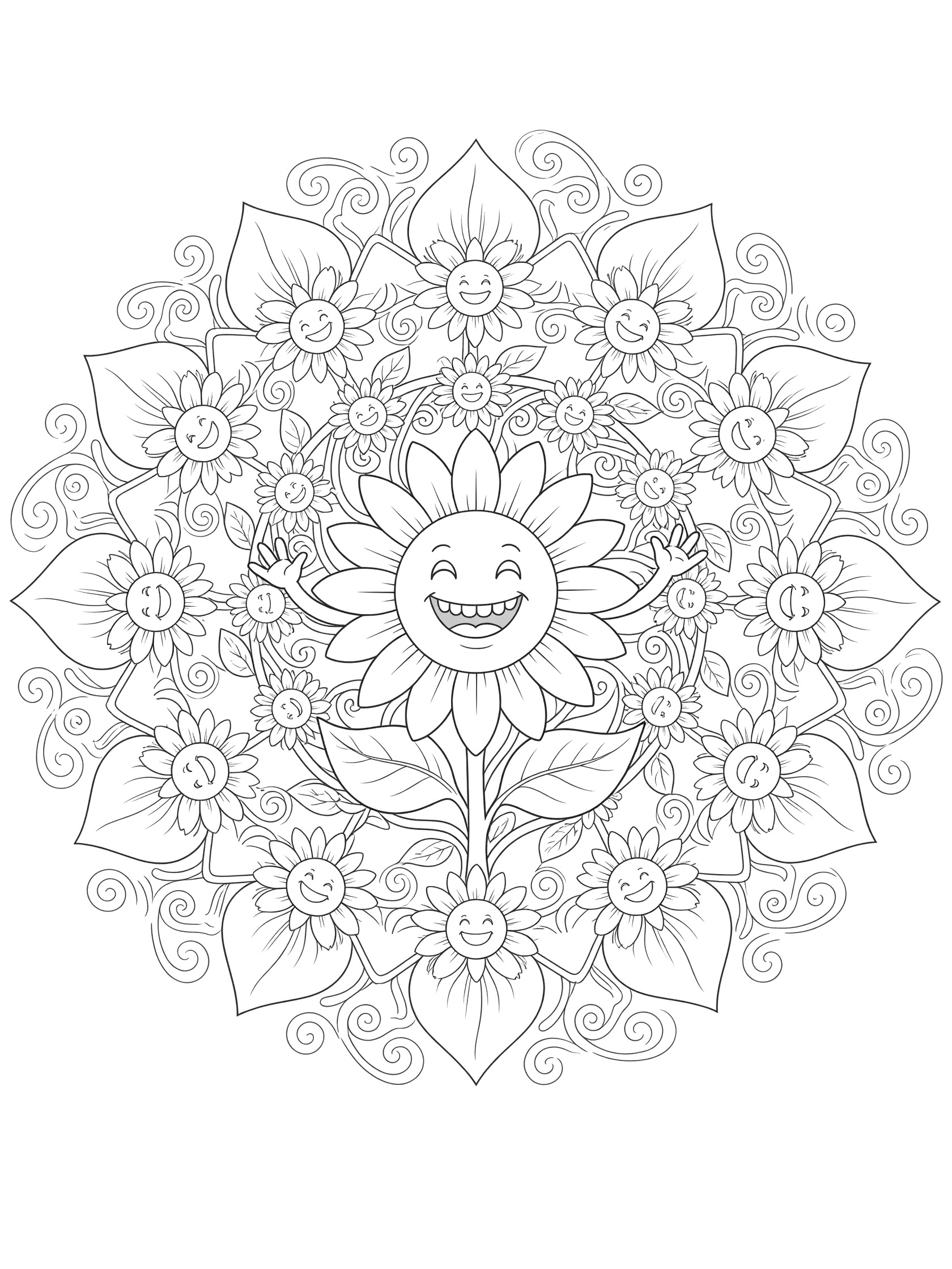Black and white line art of a playful Sunflower Mandala featuring a central smiling sunflower surrounded by rings of smaller sunflowers, wavy petals, vines and swirling leaves.