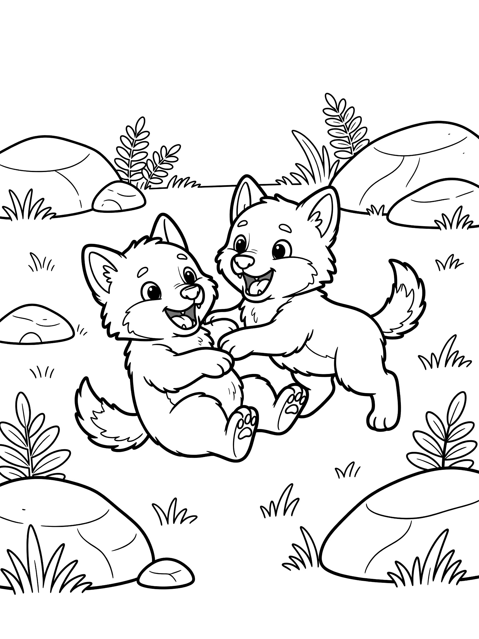 Black and white line art of two cute wolf pups playing and wrestling together on grass with rocks and leaves in a simple scene. Dire Wolf themed black and white printable line art