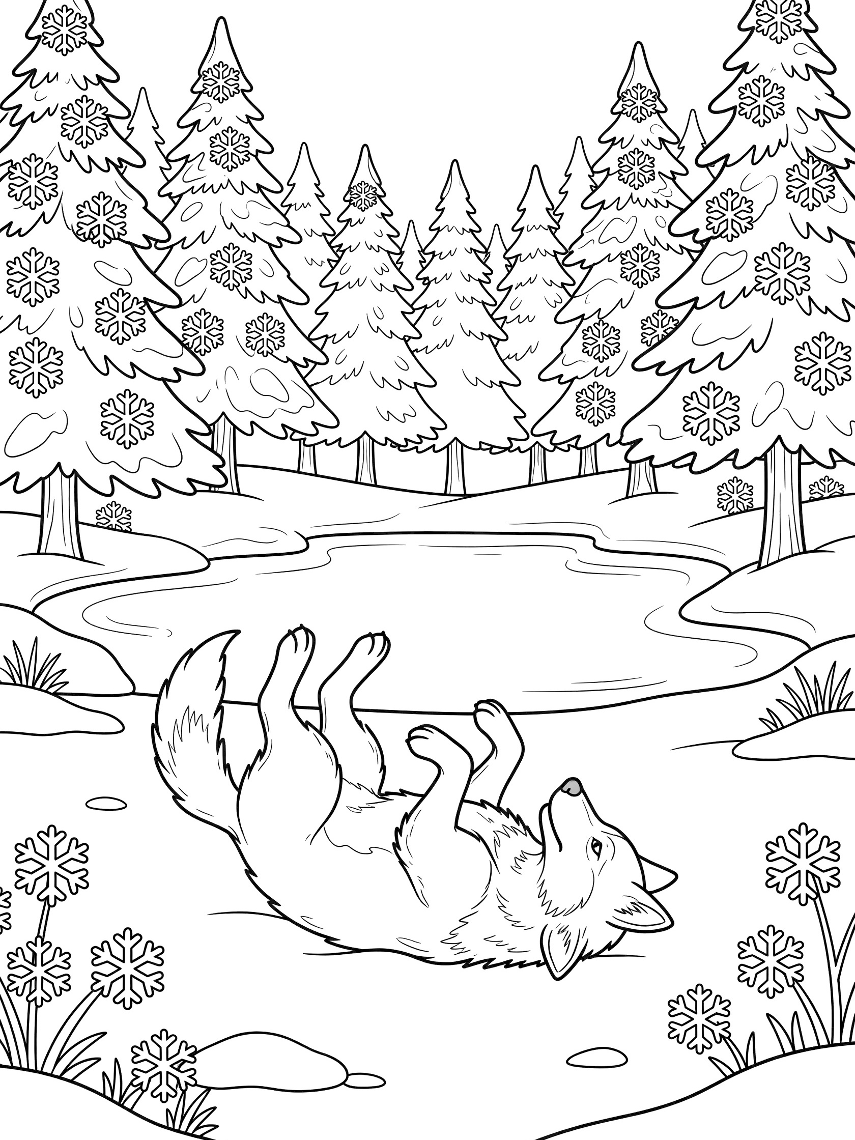 Black and white line art coloring page showing a wolf playfully rolling on its back in snowy ground with snow-covered pine trees in the background and a frozen pond nearby.