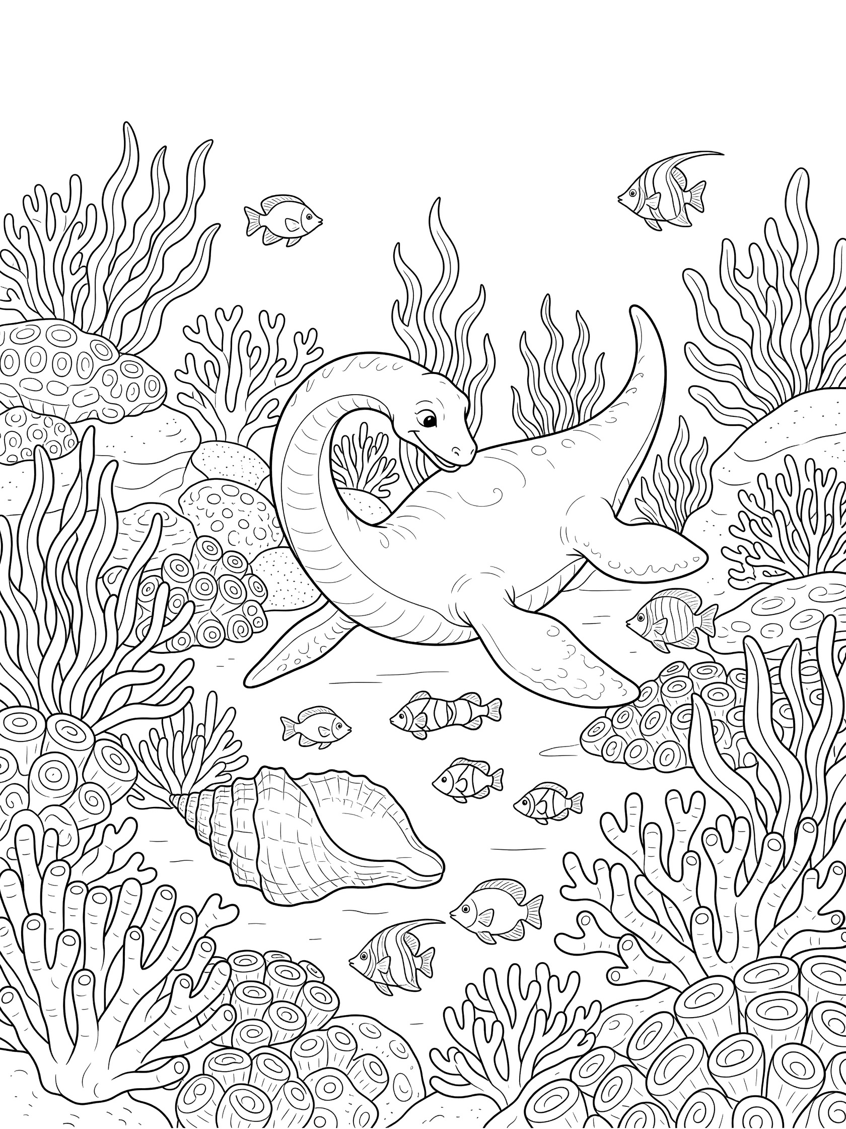 Whimsical line art coloring page showing a Plesiosaurus with curved long neck and flippers exploring a coral reef full of branching corals, seaweed, fish and a large seashell.