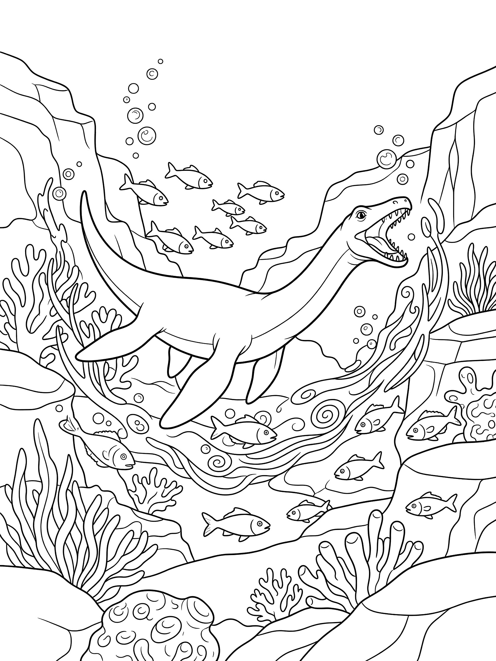Line art coloring page showing a long-necked Plesiosaurus with open mouth hunting shiny fish, surrounded by bubbles, seaweed, coral reefs, and rocks on a white background.