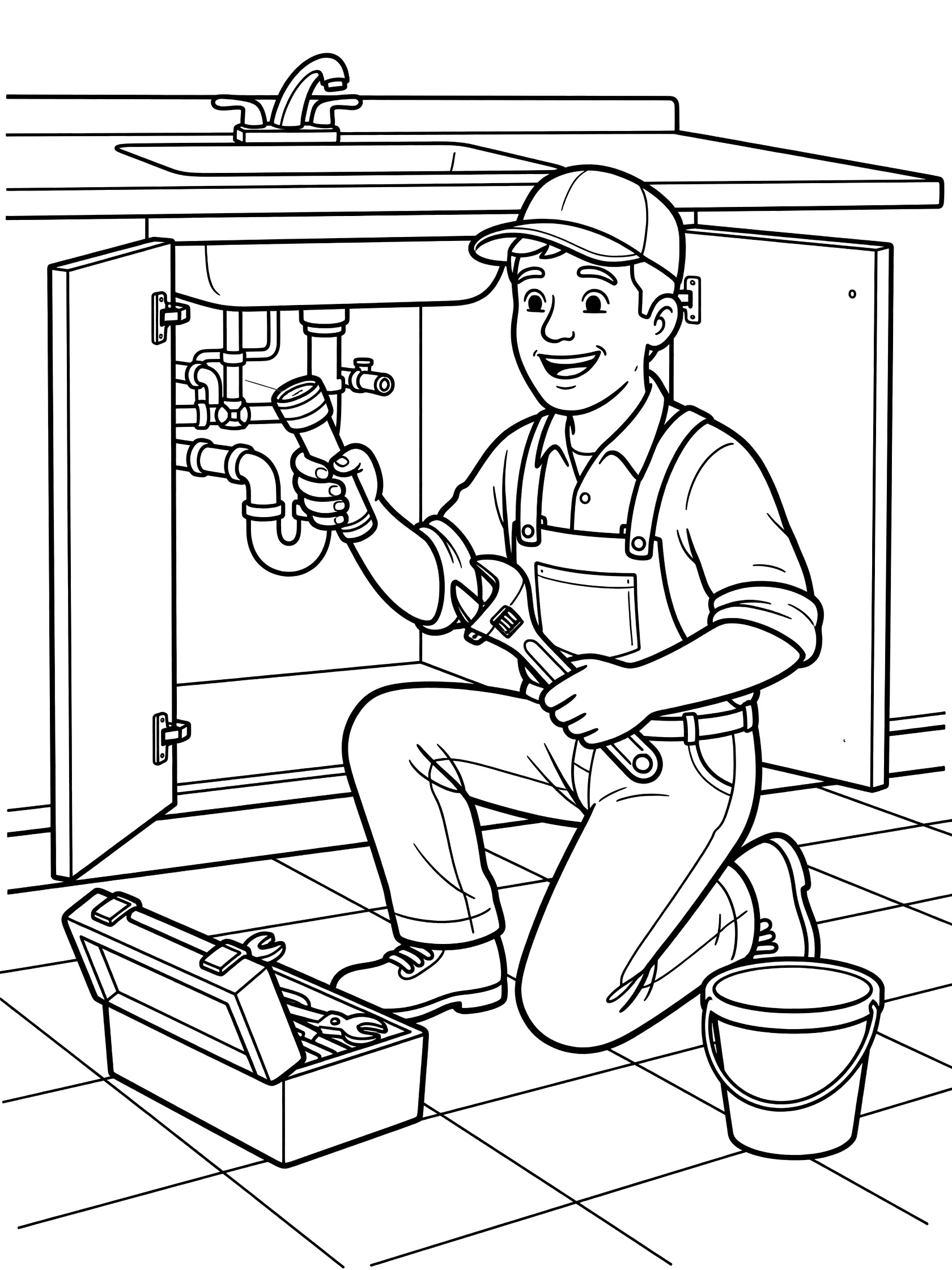 Black and white line art of a cheerful plumber fixing a leaky kitchen sink with wrench and flashlight, toolbox and bucket nearby