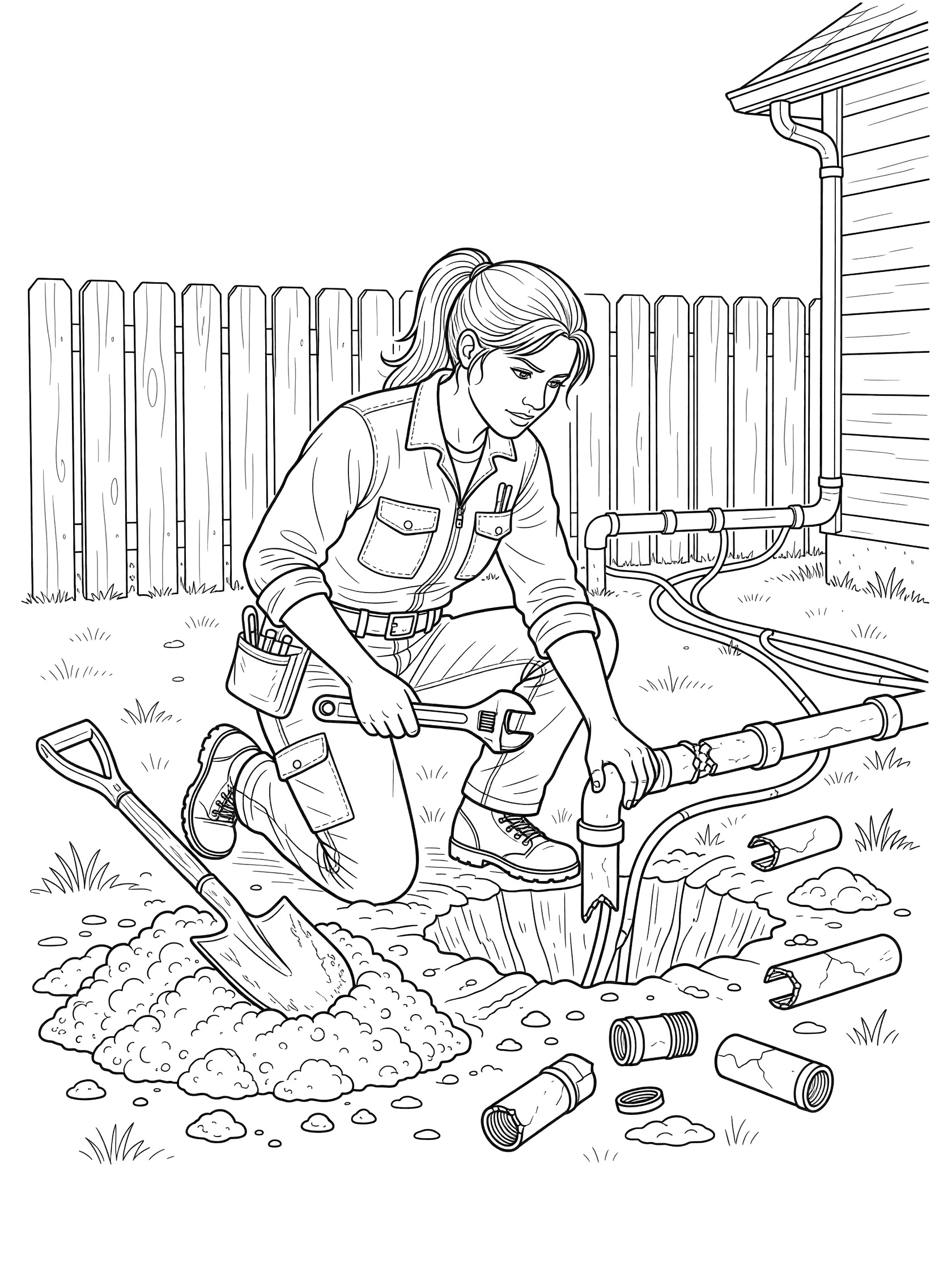 Black and white coloring page showing a female plumber kneeling by a hole, repairing a broken outdoor water pipe with a wrench. Shovel and pipe pieces are nearby, with house and fence in the background.