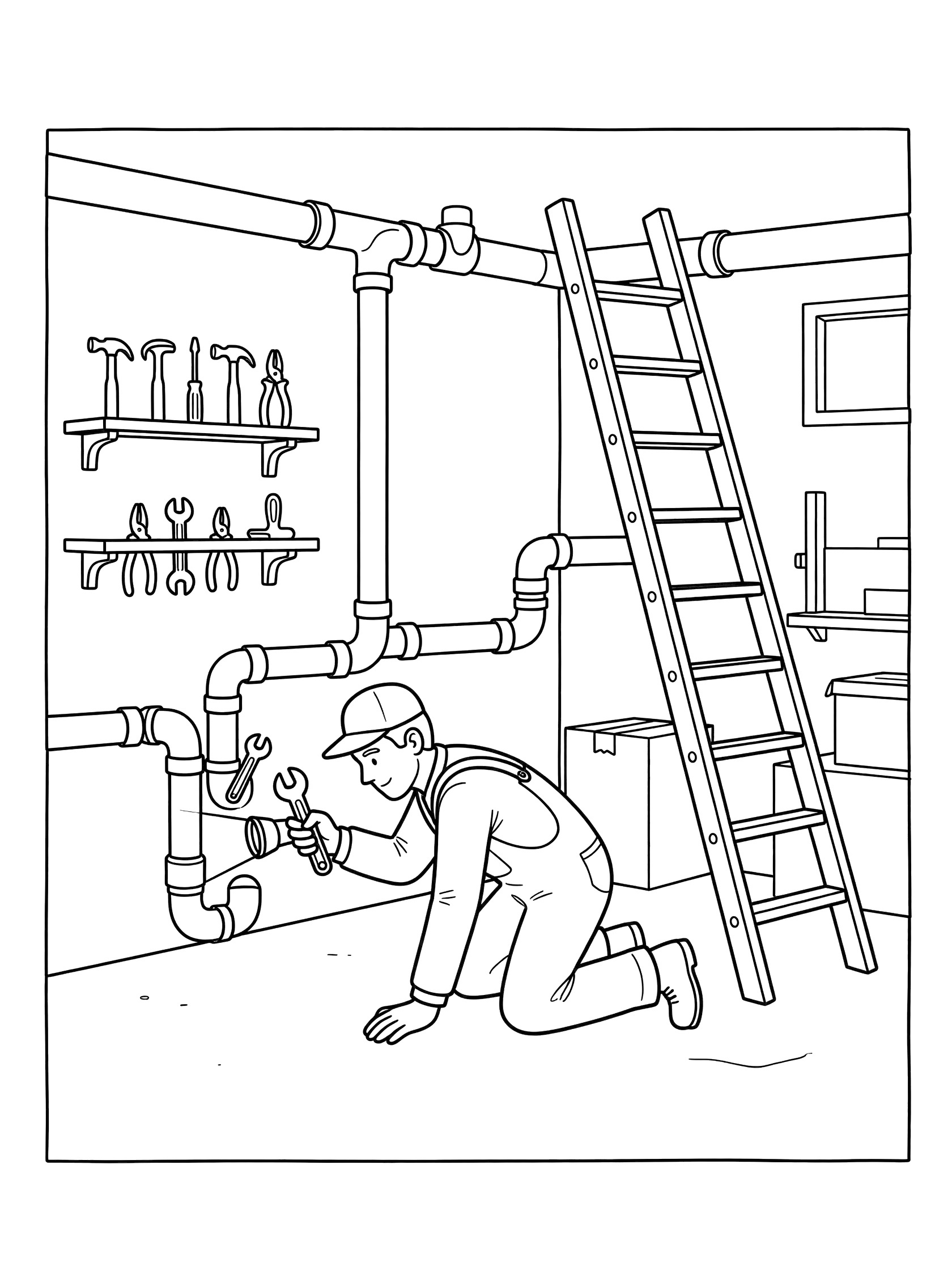 Black and white line art of a plumber on knees inspecting pipes in basement holding wrench and flashlight with ladder and shelves nearby