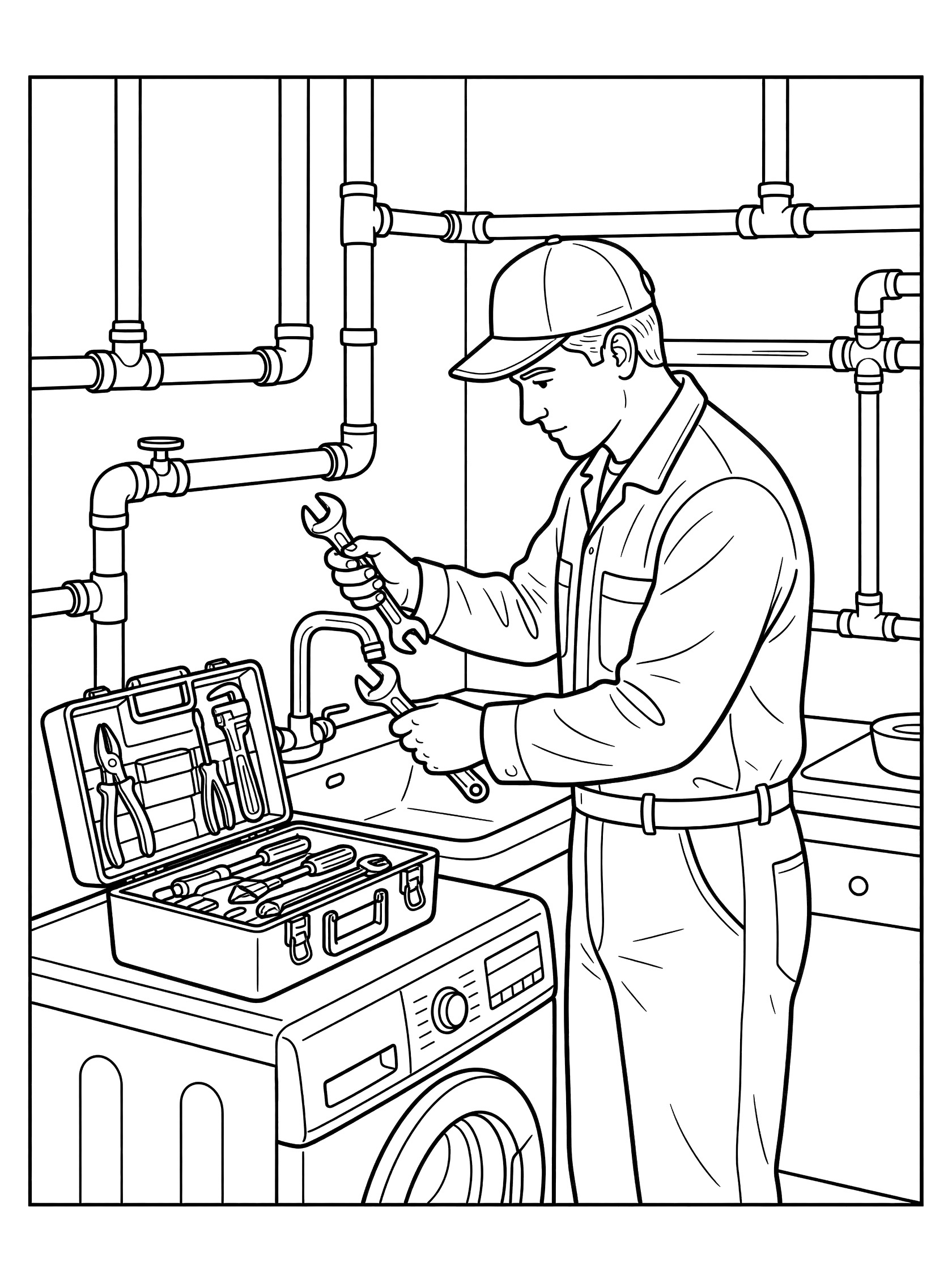 Black and white line art of a plumber twisting a shiny new faucet onto a sink basin in a utility room using a wrench from his open toolbox on the washing machine with pipes along the wall.
