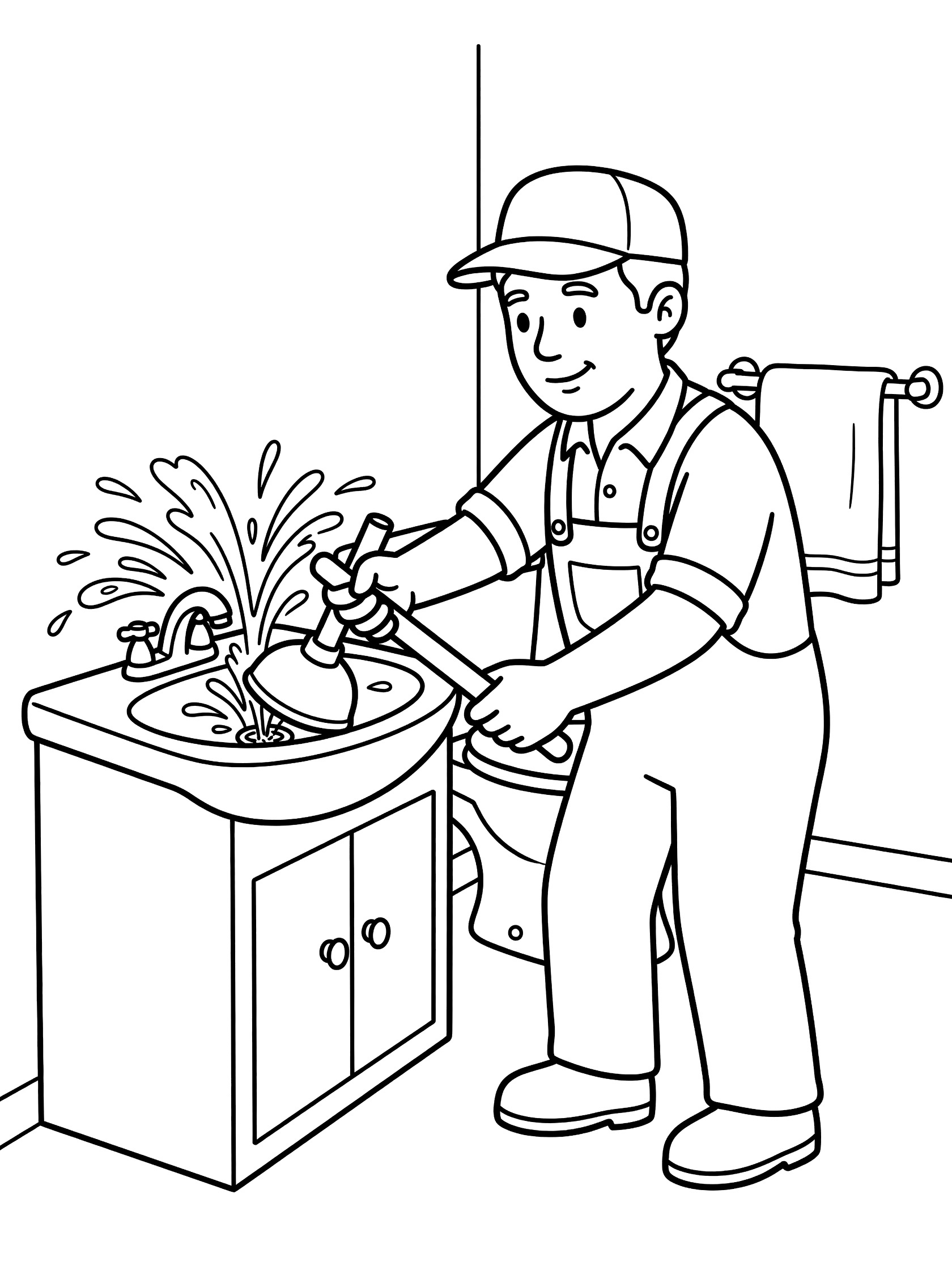 Black and white line art of a plumber in overalls and hat plunging a bathroom sink drain with splashing water, toilet and towel rack nearby