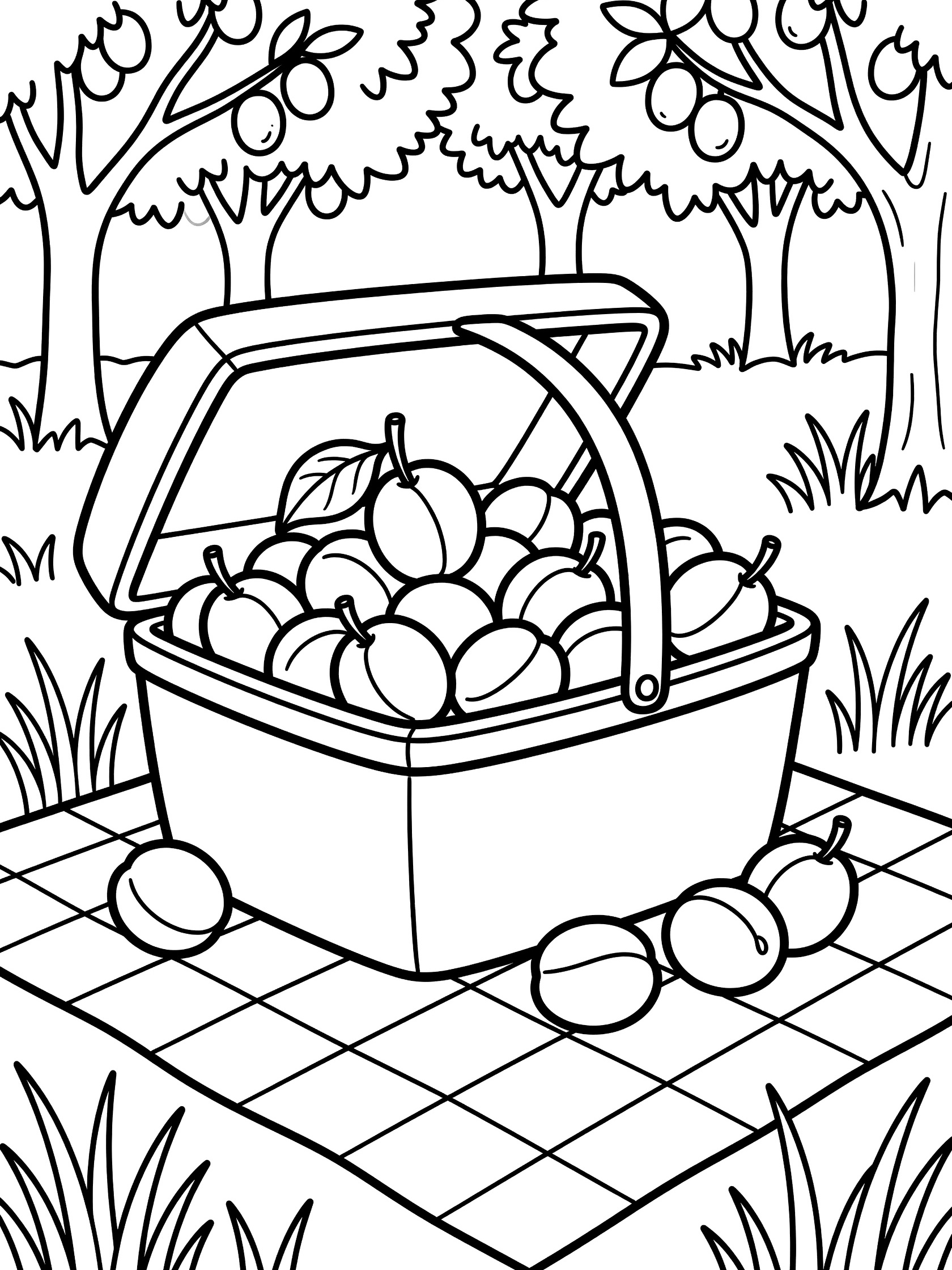 Line art coloring page showing a picnic basket full of plums with stems and a leaf, checkered cloth, grass, and fruit trees in the background