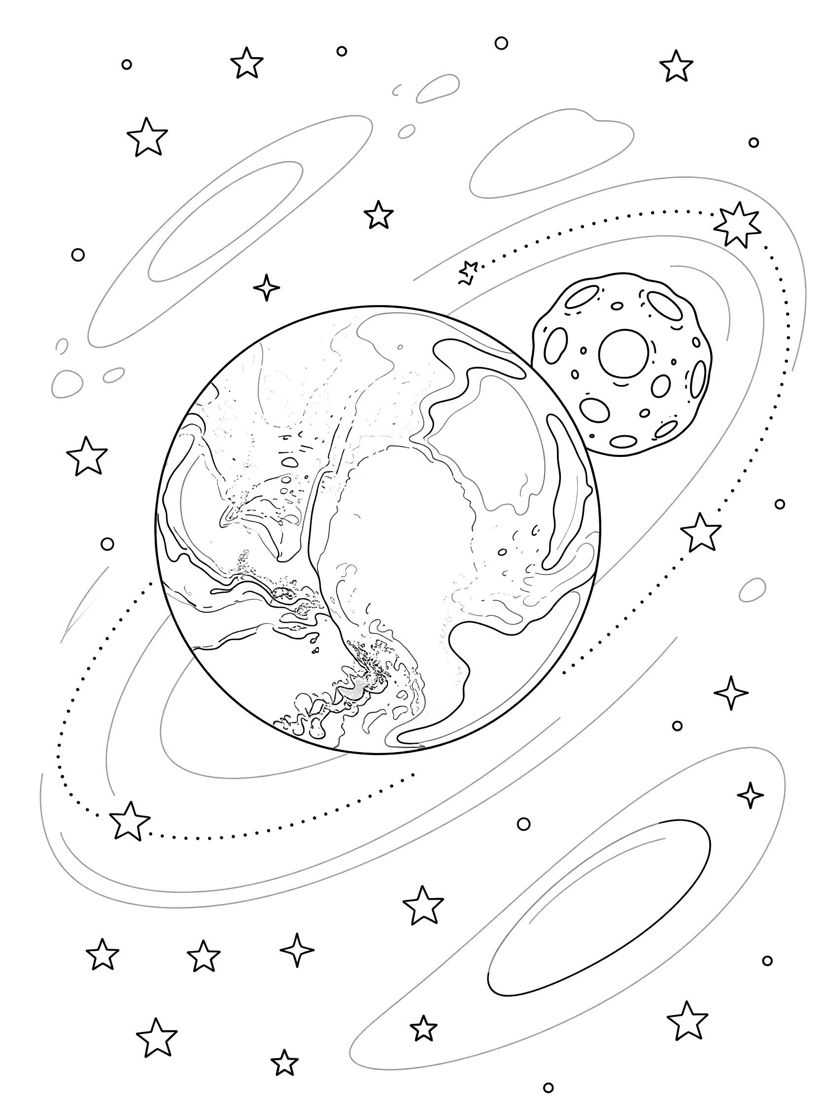Black-and-white coloring page of Pluto with icy patches and cratered Charon orbiting each other amid stars and galaxy backdrop.