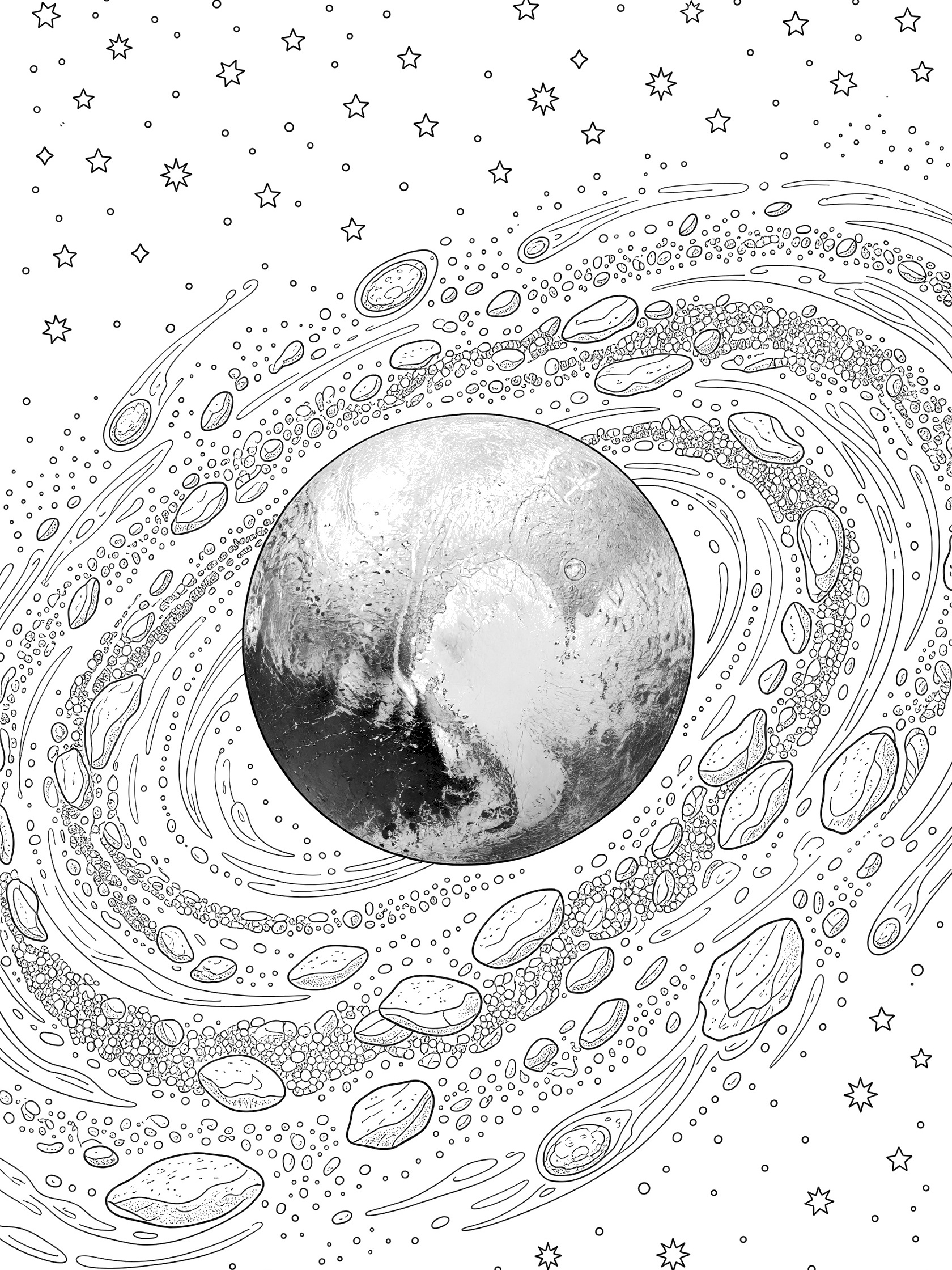 Line art coloring page showing Pluto with its heart feature amid orbiting Kuiper Belt debris and scattered stars in space.