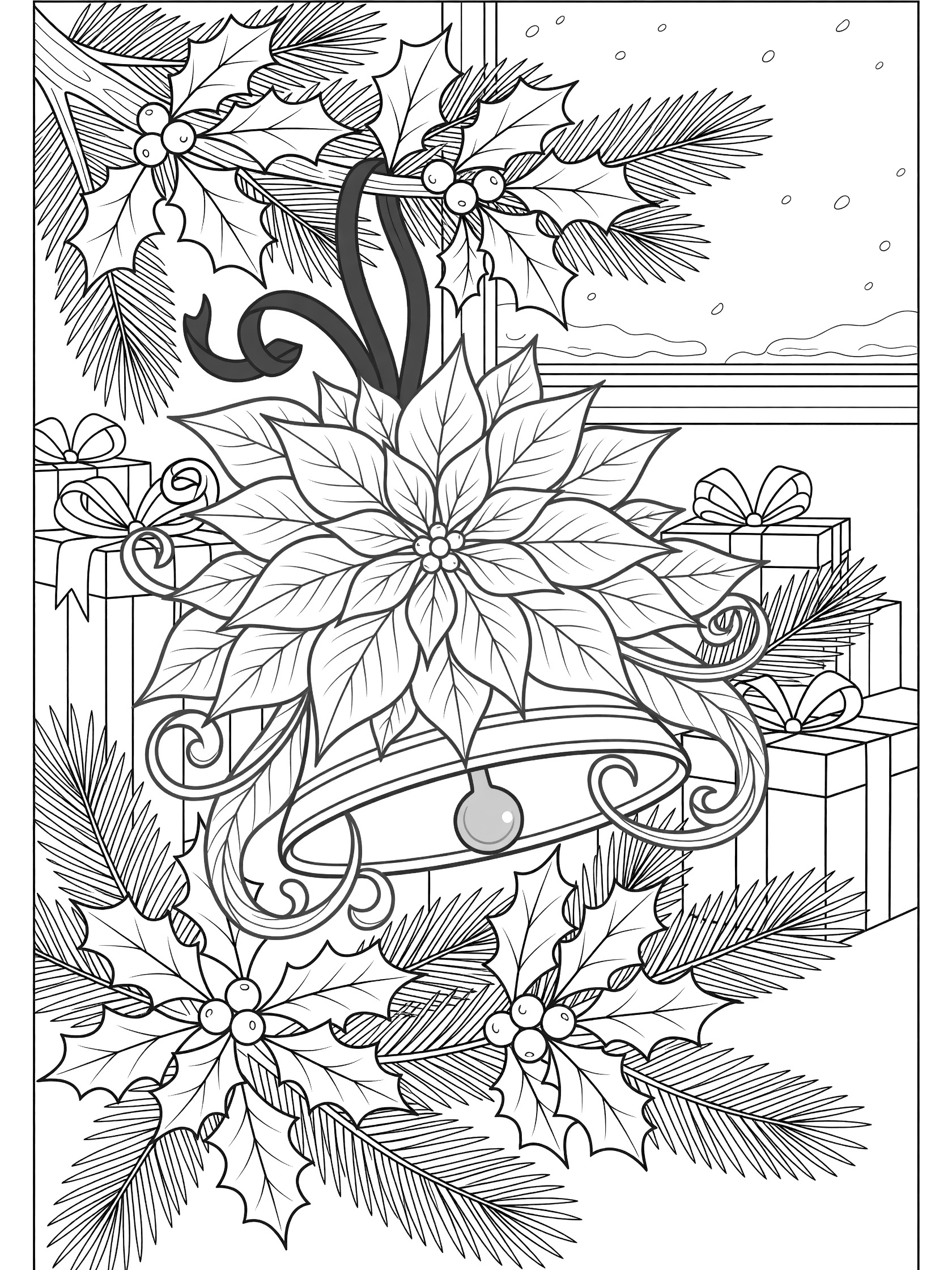 Black and white line art coloring page of a poinsettia bell with petals forming the bell shape, green leaves, clapper, red ribbon, holly berries, pine, gifts, and snowy sill.