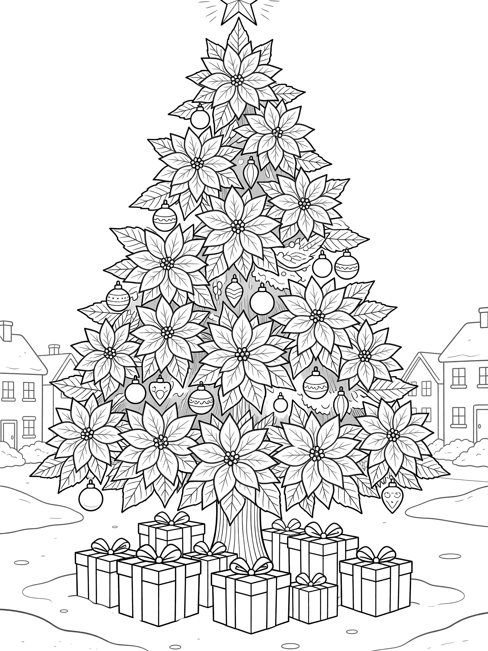 Black and white coloring page of a tall Christmas tree made from poinsettia flowers, with star top, ornaments, gifts at base, and snowy village background.