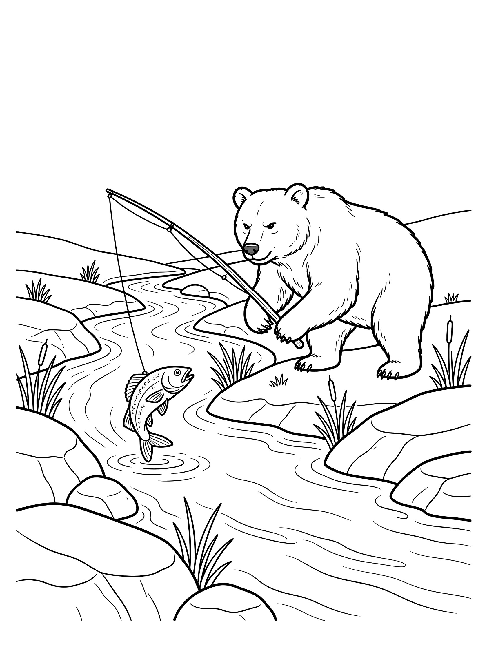 Black and white line art coloring page showing a polar bear standing by a stream, holding a fishing pole with a curved stick, a fish jumping out of the rippled water, surrounded by rocks and reeds.