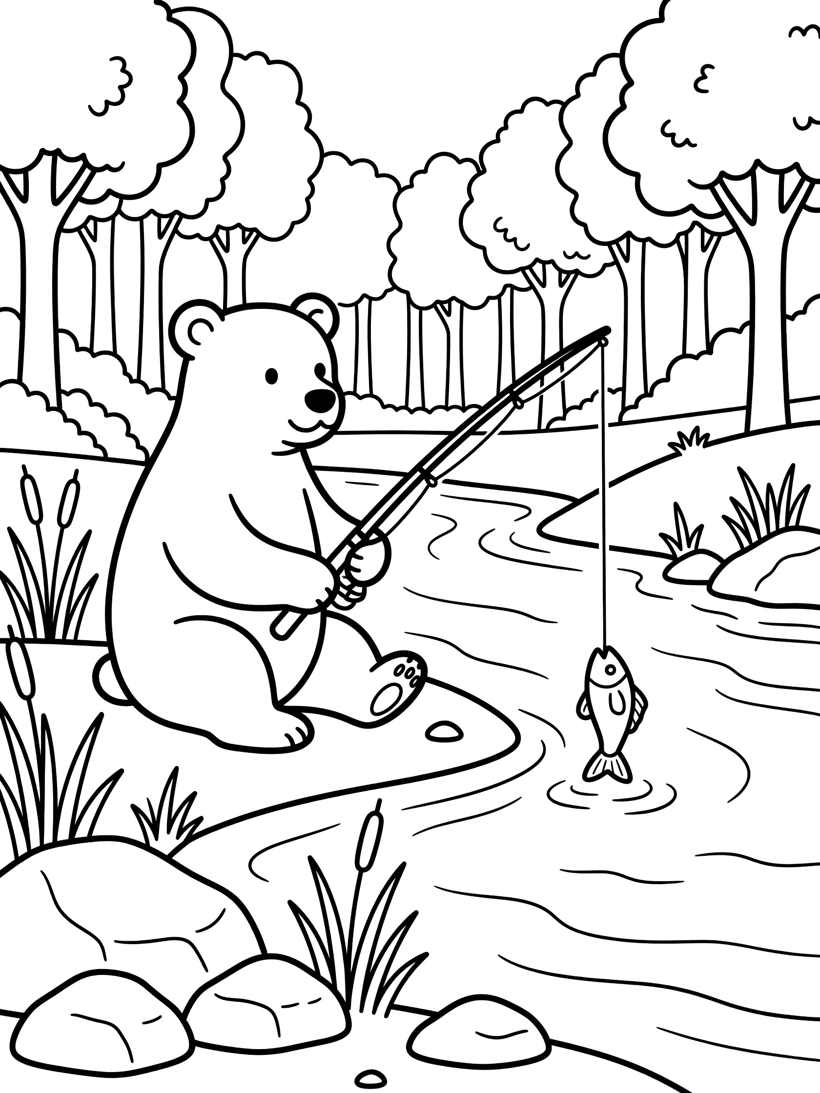 Black and white line art coloring page showing a cute polar bear sitting on rocks by a flowing river, holding a fishing rod with a fish on the line. Reeds, rocks and forest trees in the background.