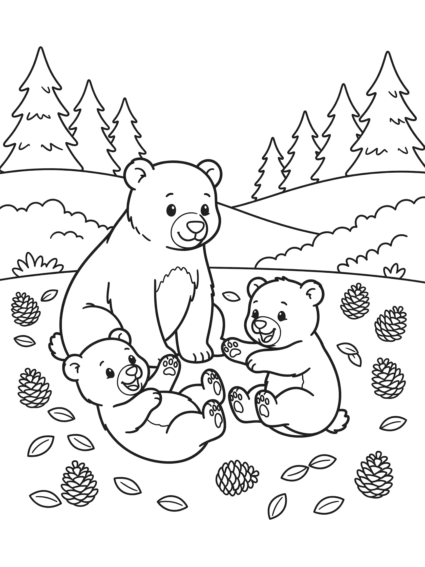 Printable coloring page showing a mother polar bear with two cute cubs rolling and playing on the ground with pinecones, leaves, trees, bushes, and hills in the background.