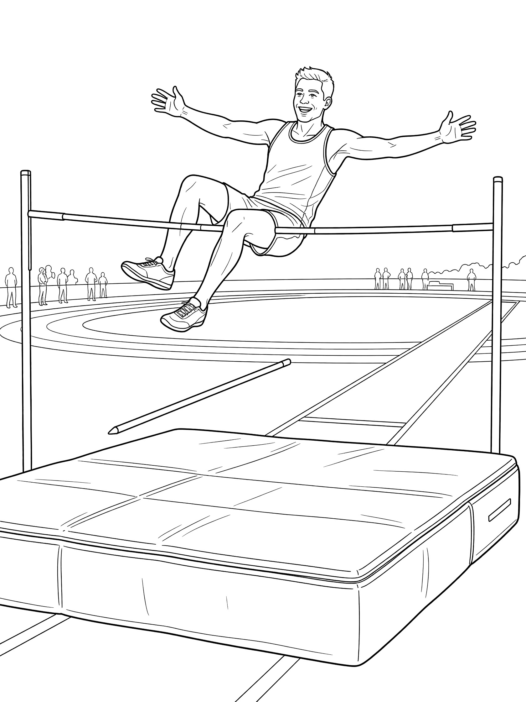 Black and white line art of a joyful male athlete mid-air clearing the pole vault bar, arms outstretched, with track oval, standards, and foam landing mat below