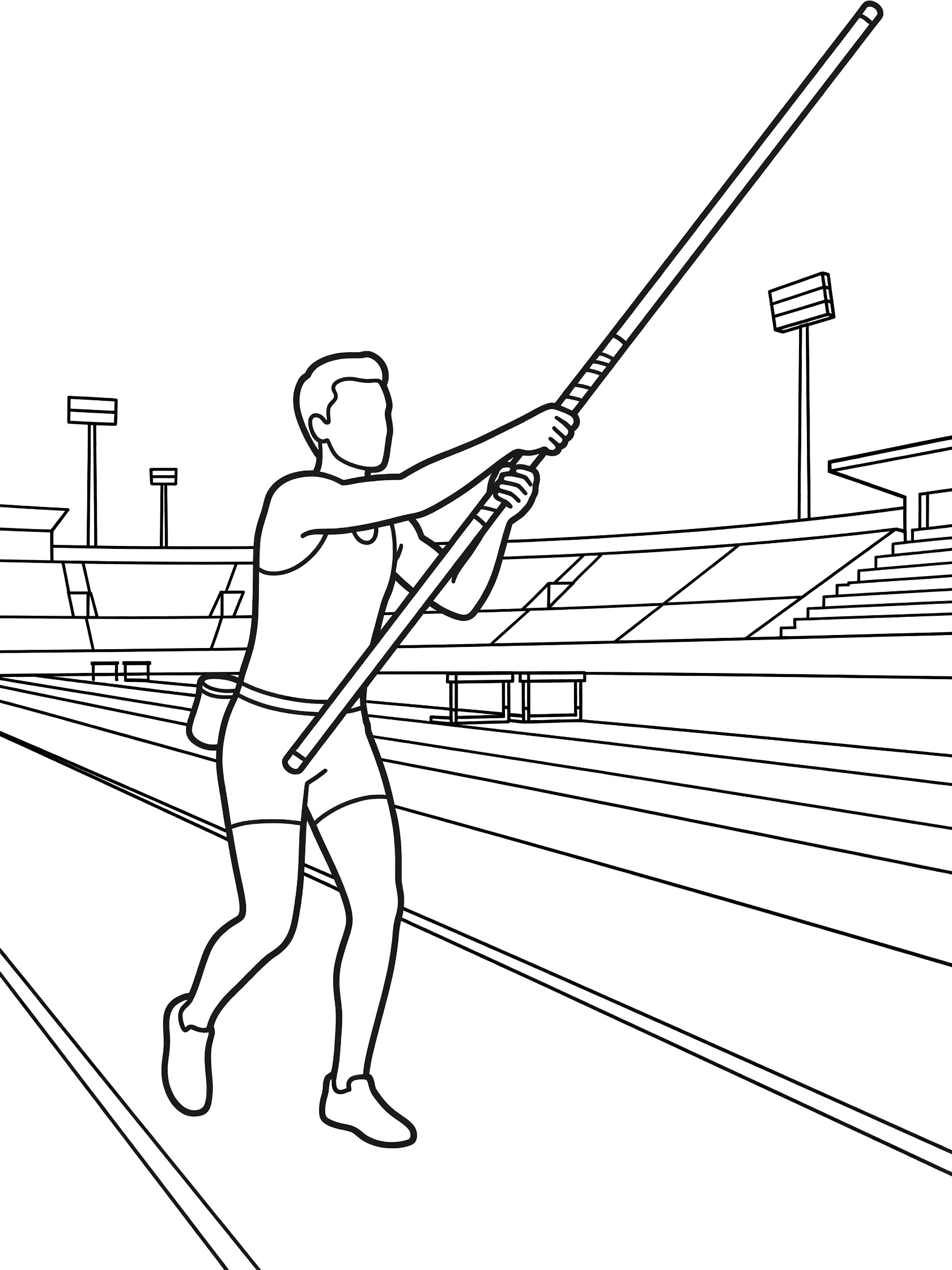 Line art coloring page showing pole vault athlete in shorts and tank top gripping long pole tightly at runway start with stadium lights and stands in background.