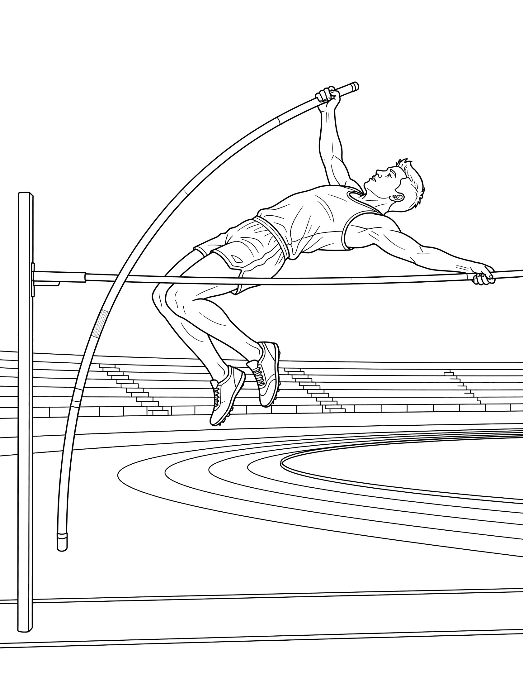Line art coloring page showing a boy pole vaulter mid-air over the bar, gripping a flexible pole, with curved track and stadium stands in the background
