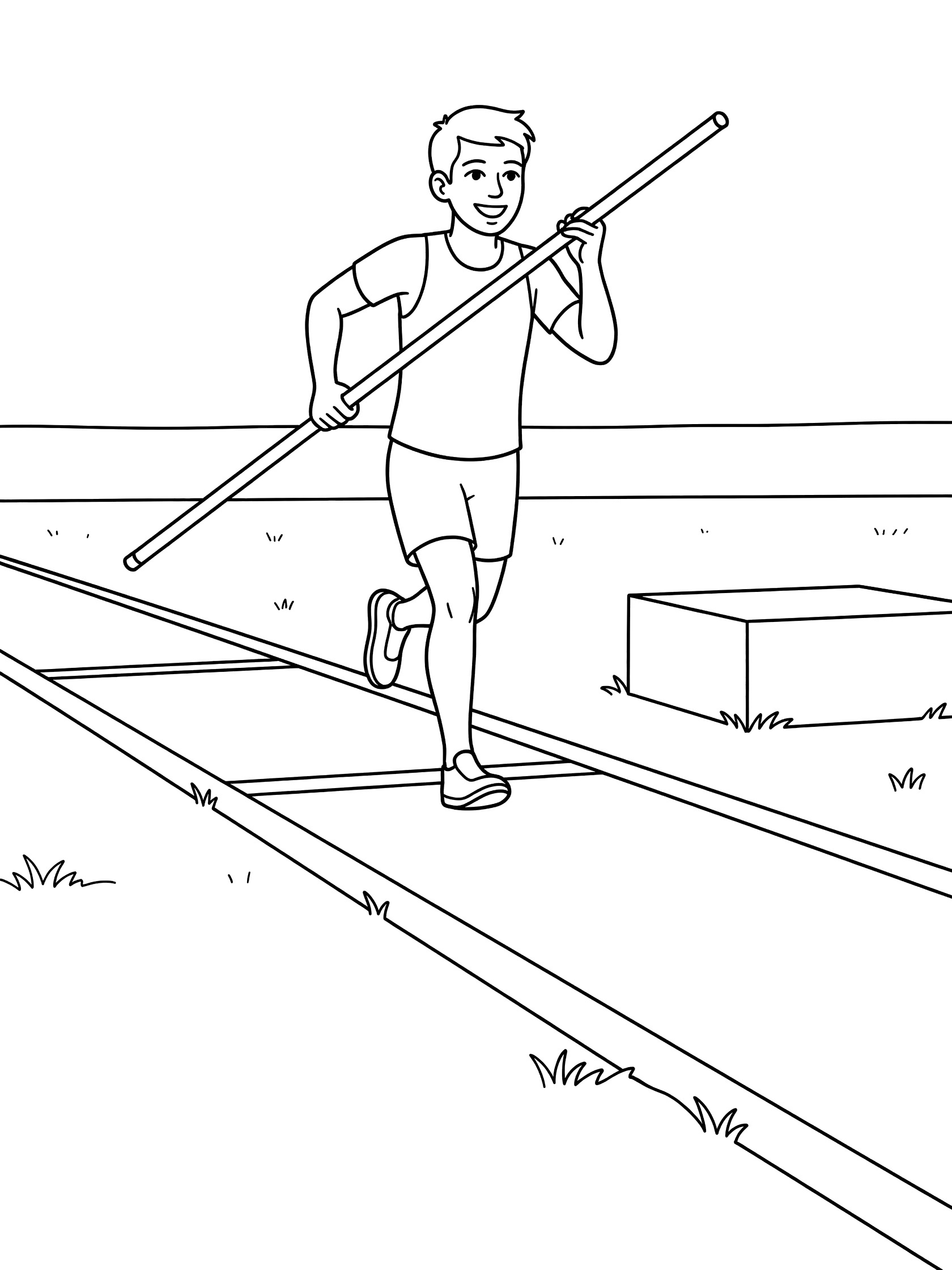 Line art coloring page showing a smiling athlete in shorts and tank top running down the pole vault runway holding a long pole with the vault box ahead on a school field.