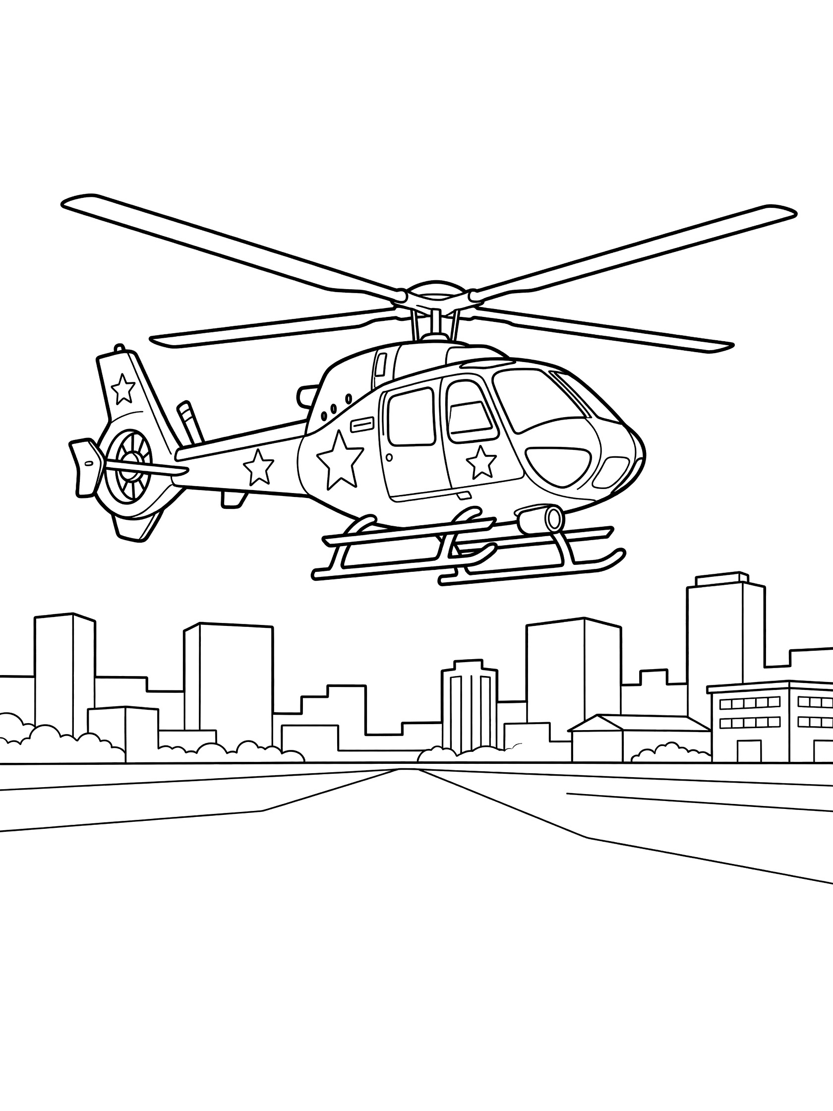 Black and white line art coloring page showing a police helicopter with large rotors, police stars on the side, and a searchlight flying over a city skyline with tall buildings and a street. Rescue Helicopter themed black and white printable line art