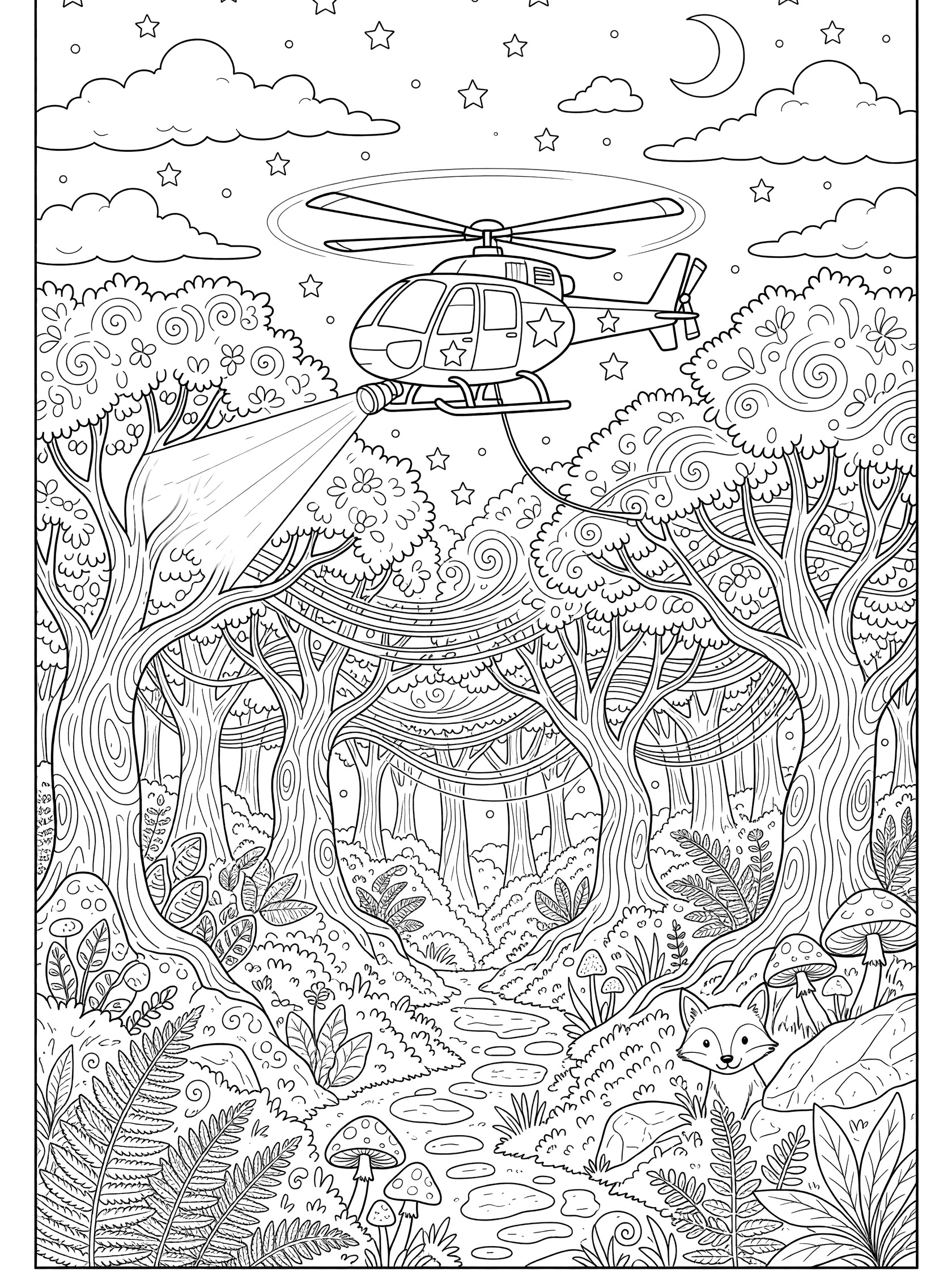 Black and white line art of a police helicopter hovering over dense forest at night with spinning rotors, searchlight beam, starry sky, crescent moon, fox, mushrooms, and ferns.