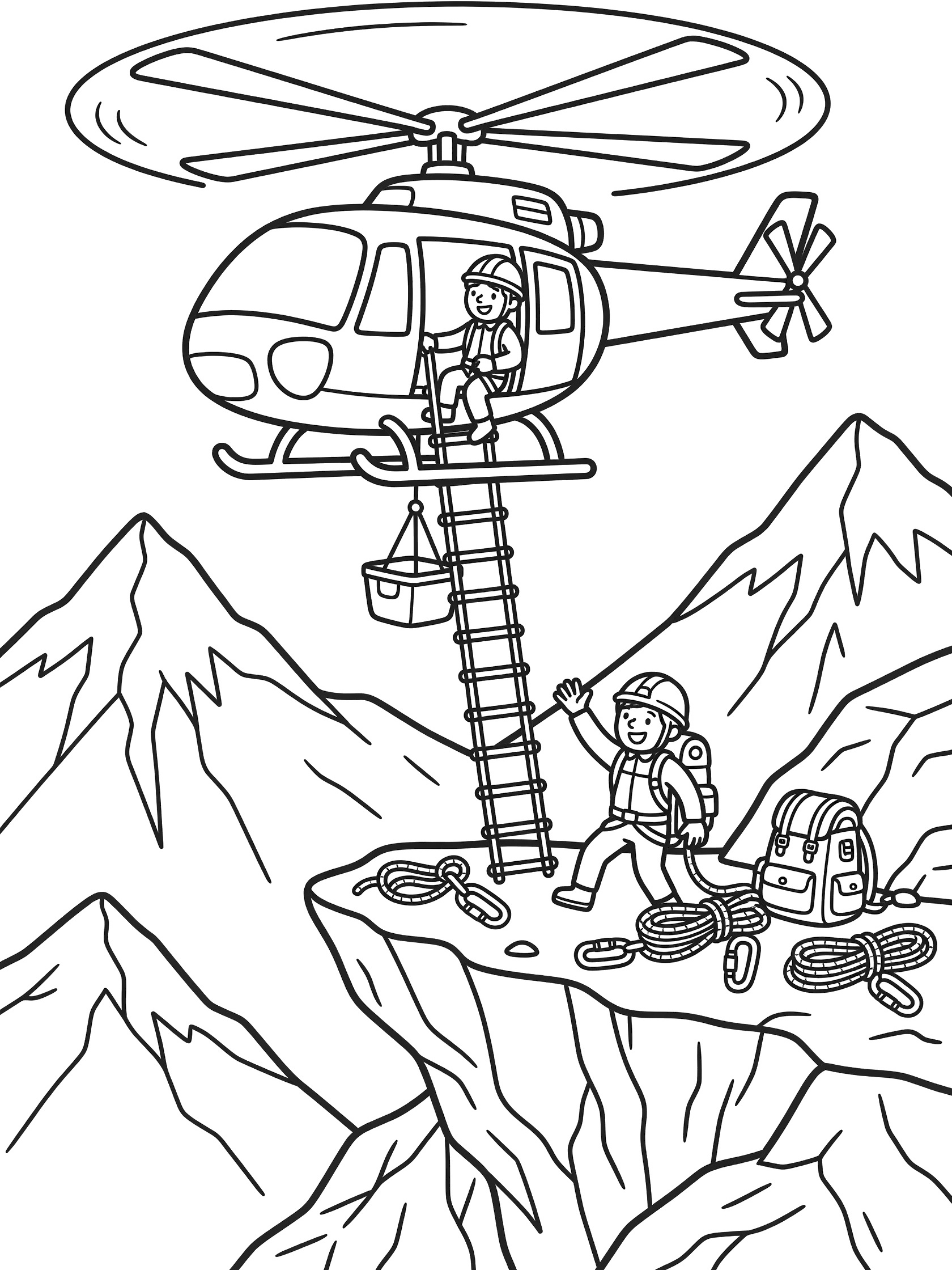Black and white coloring page of a police helicopter hovering over a mountain cliff during a rescue, with rescuer extending ladder to stranded hiker.