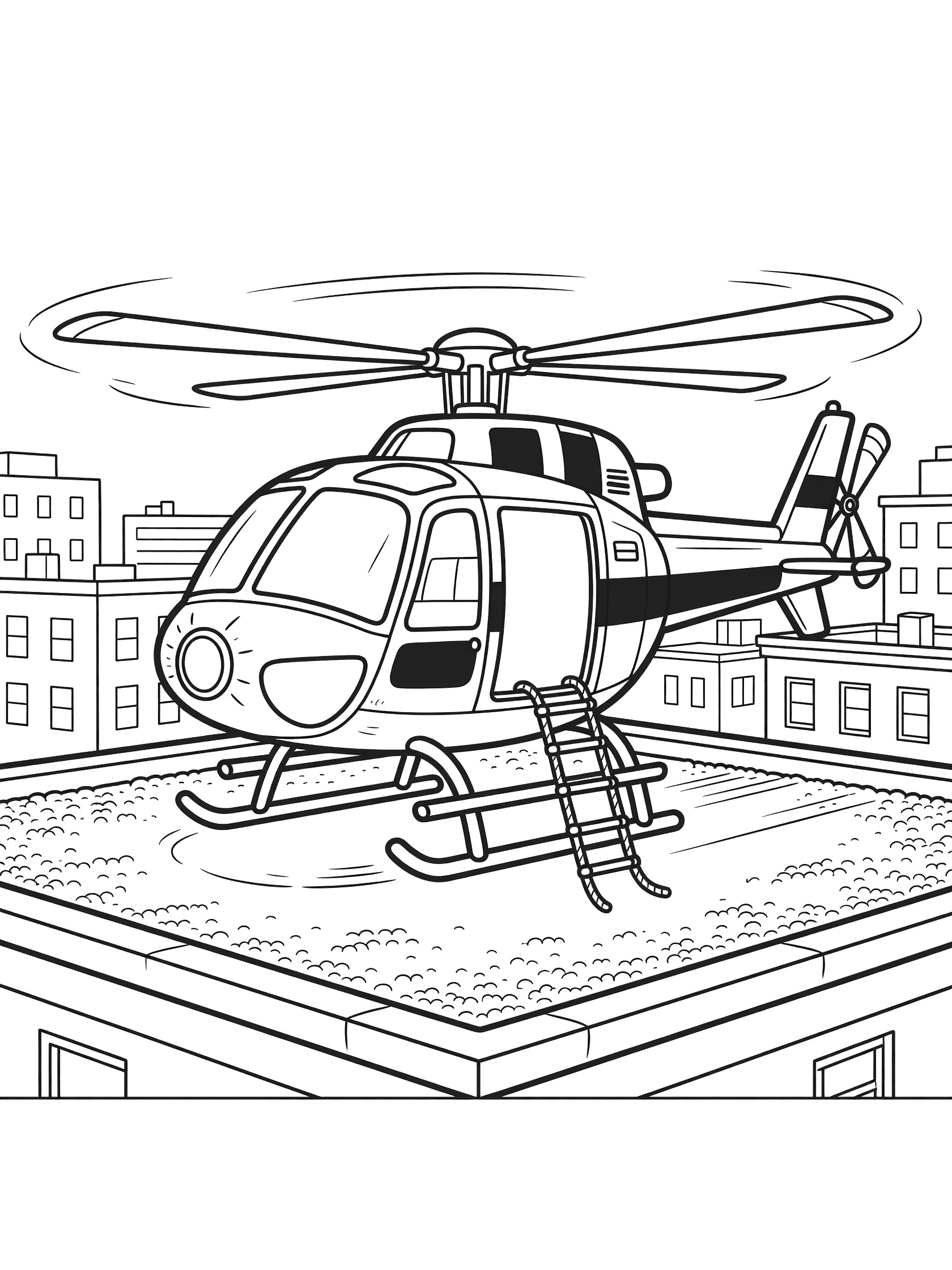 Black and white coloring page of a police helicopter gently landing on an urban rooftop, showing skids on gravel, whirring rotors, side door with rope ladder, and city skyline.