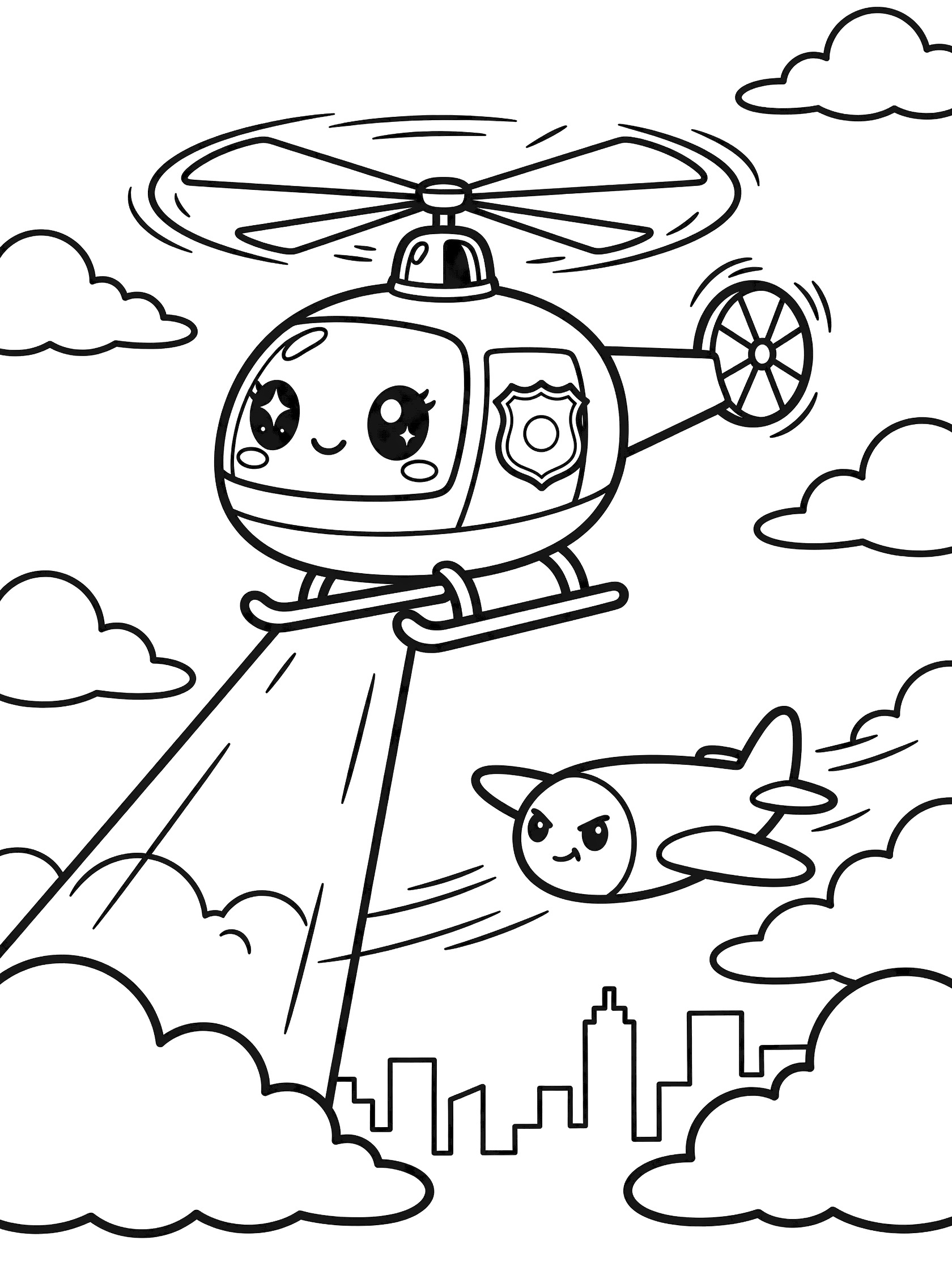 Cute kawaii police helicopter with sparkling eyes, badge, siren, and spotlight chasing a mischievous plane amid fluffy clouds and city skyline coloring page