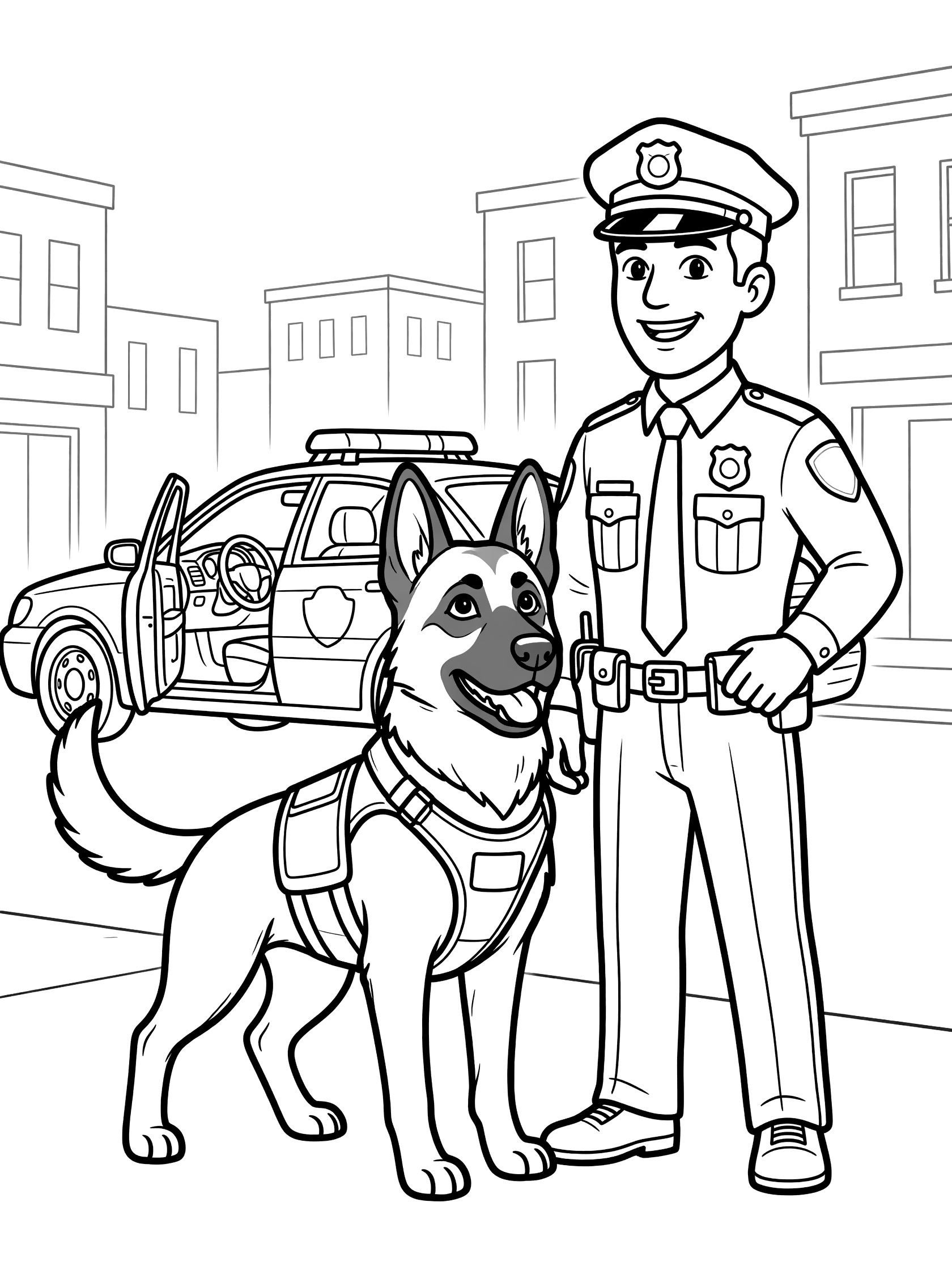 Black and white line art coloring page of a smiling cartoon police officer in uniform with hat and badge standing beside a German Shepherd police dog wearing a K9 vest, with a police car parked nearby on a sidewalk and buildings in the background.